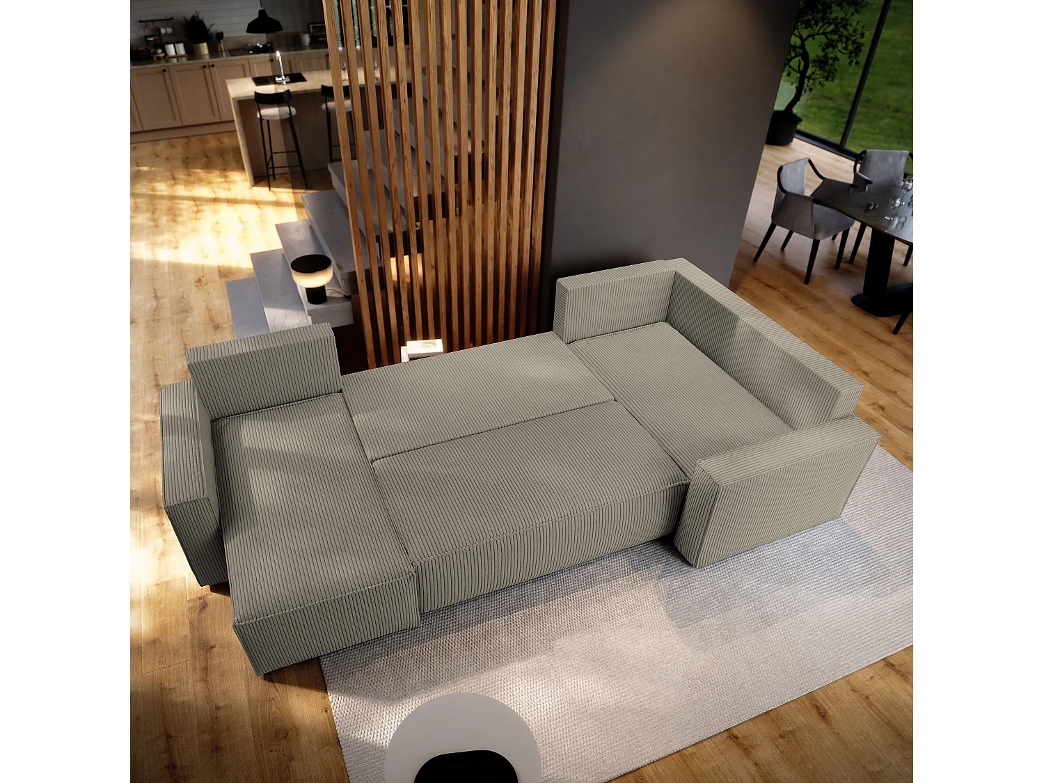Hoekbank NORENA van fluweel met slaapfunctie Beige