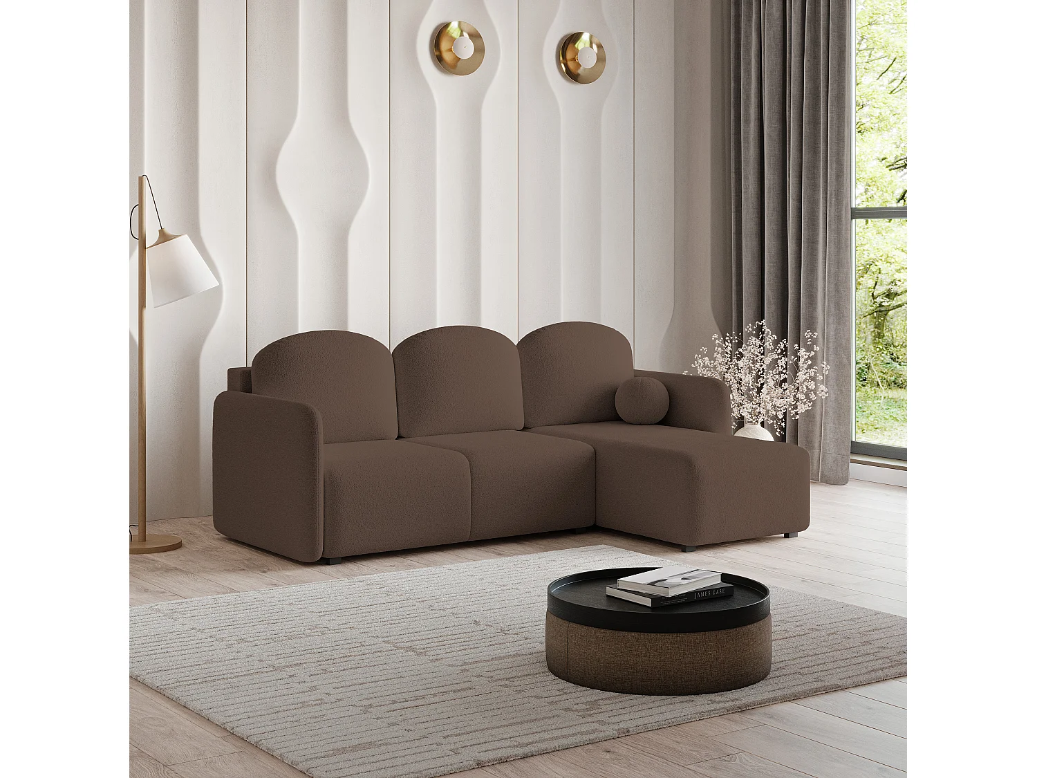 Canapé d'angle SUVINO en velours avec fonction couchage Marron