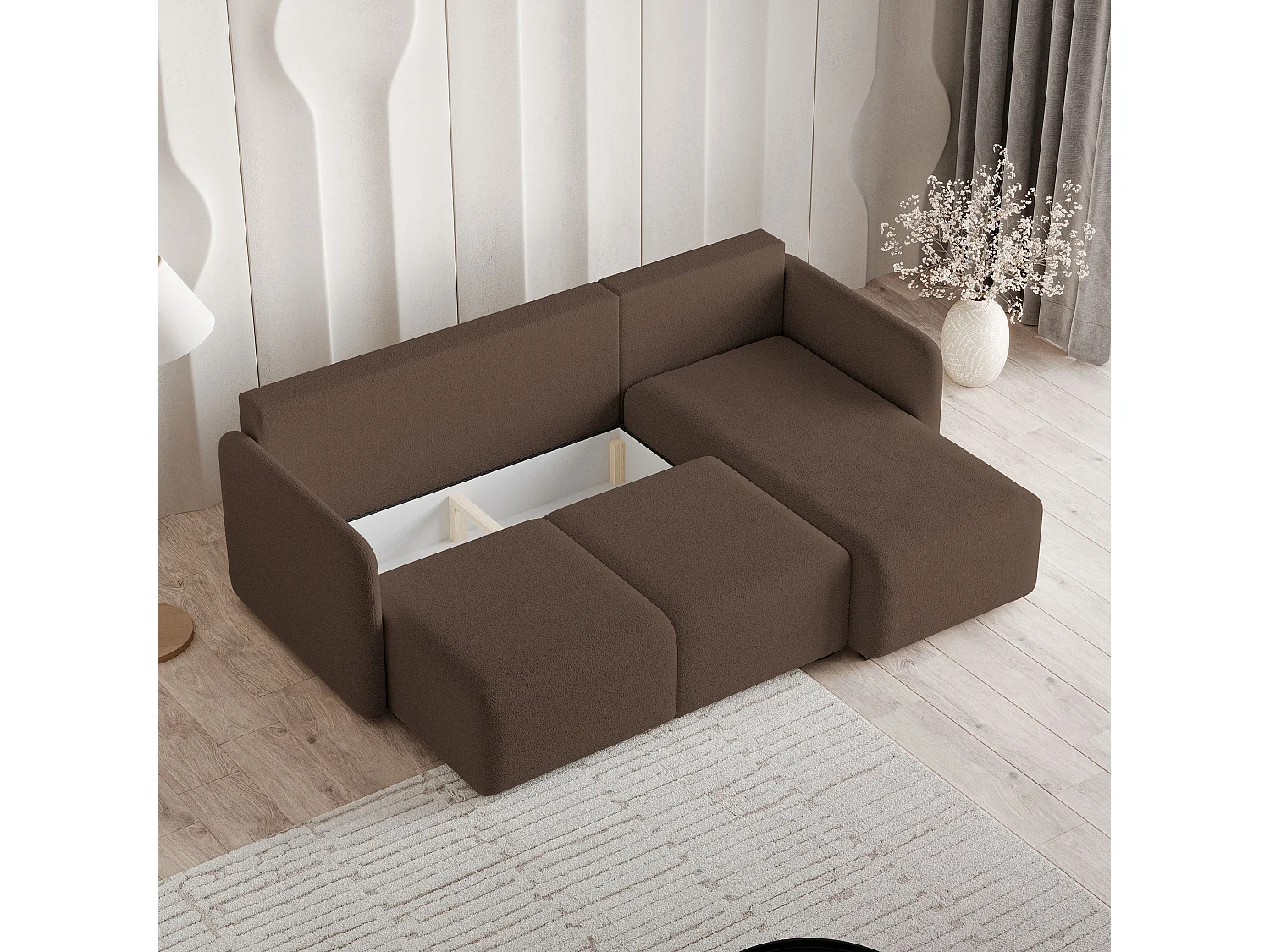 Canapé d'angle SUVINO en velours avec fonction couchage Marron