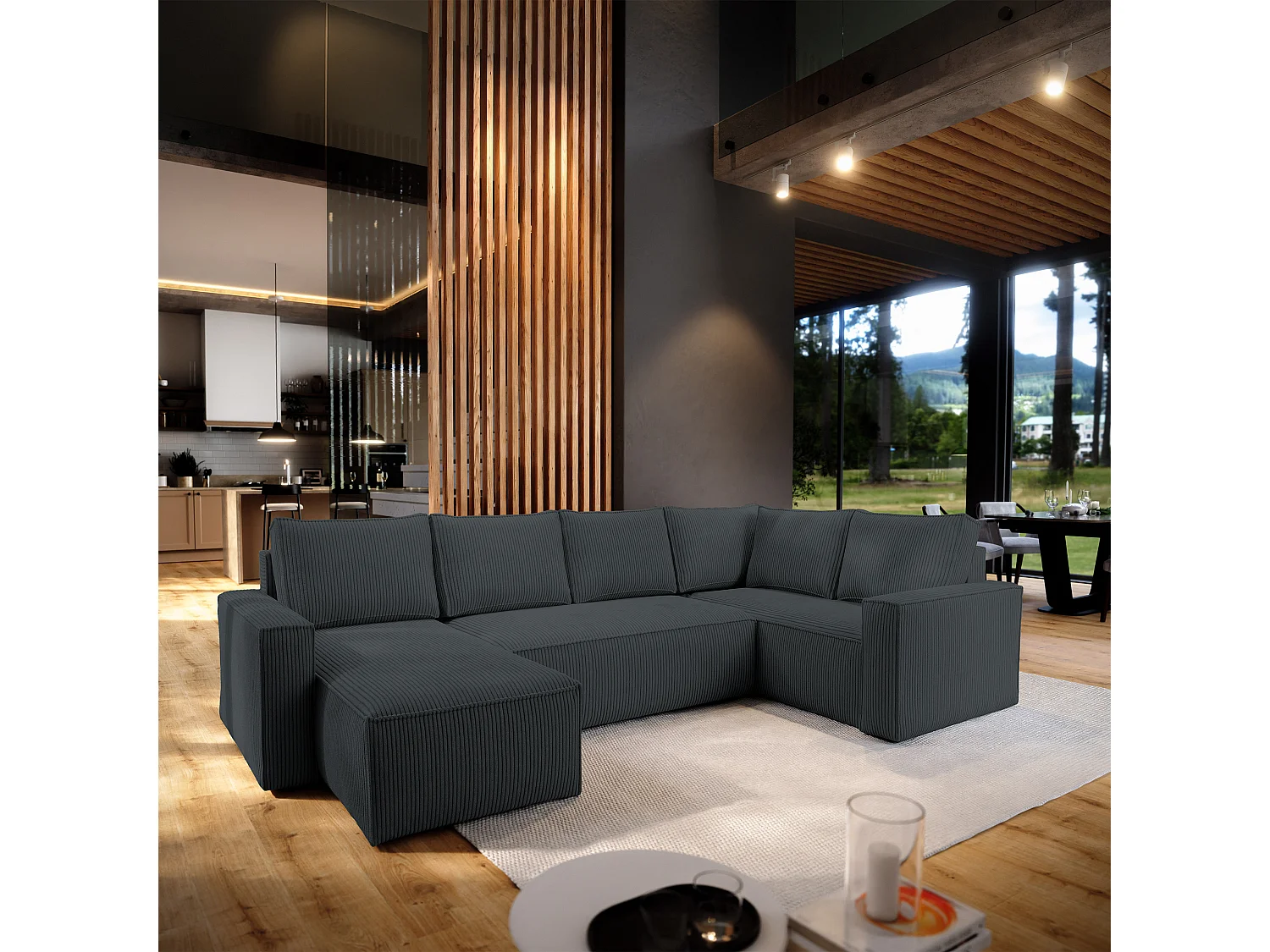 Canapé d'angle NORENA en velours avec fonction couchage Gris