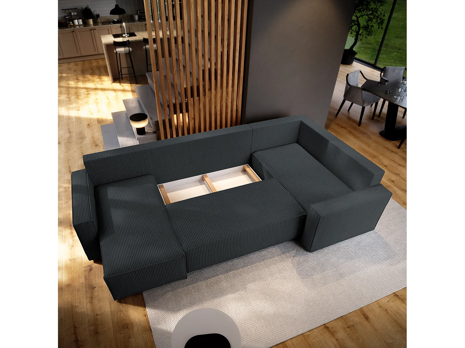 Canapé d'angle NORENA en velours avec fonction couchage Gris