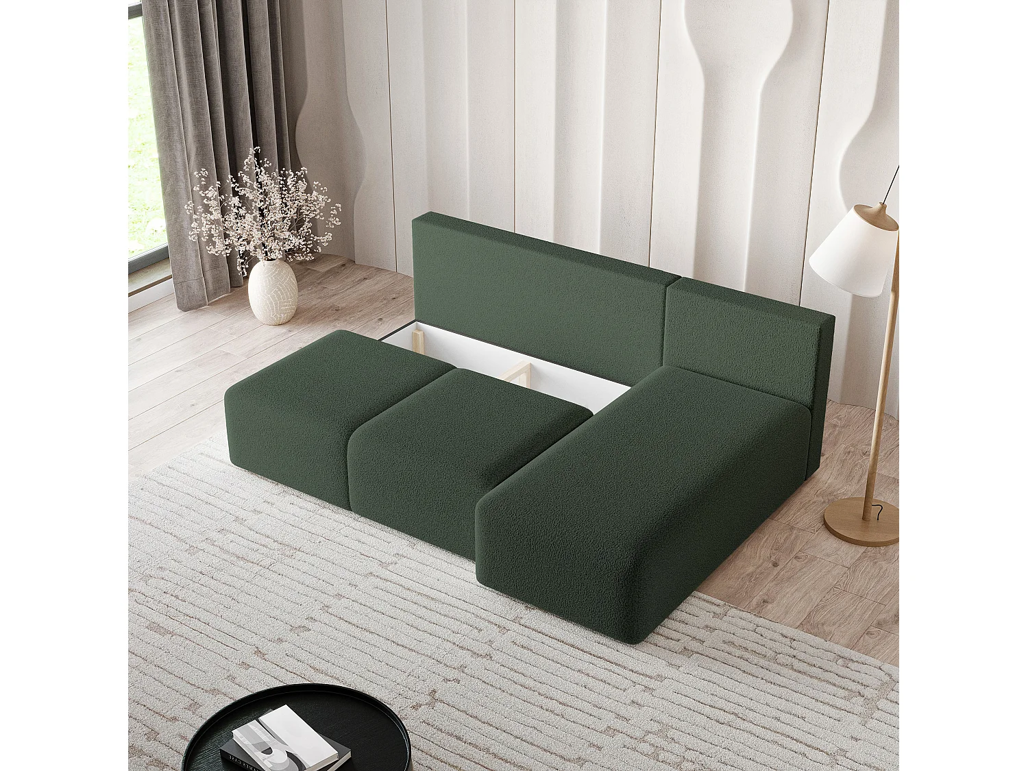 Canapé d'angle TRAMA en velours avec fonction couchage Vert