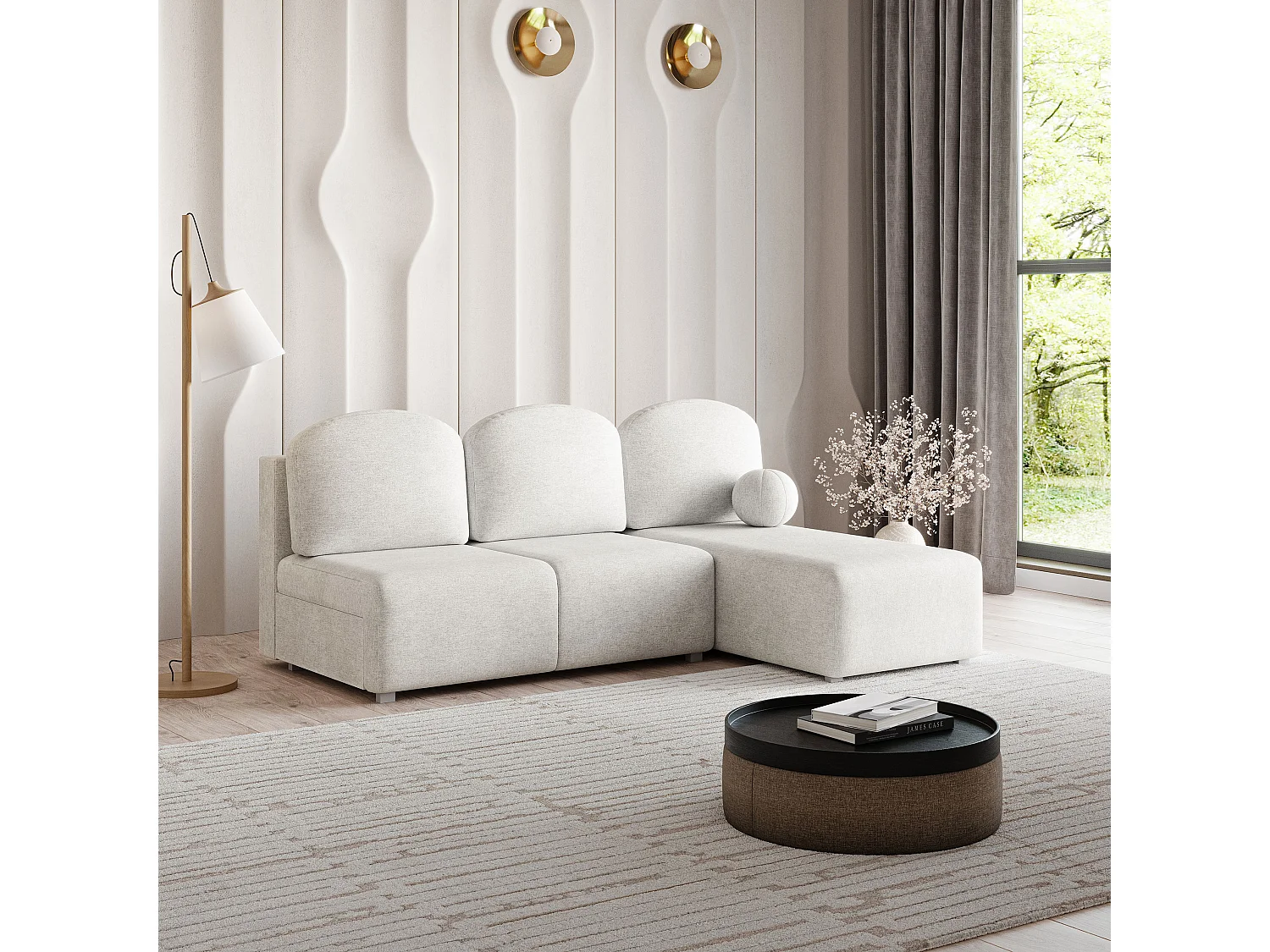 Canapé d'angle TRAMA en velours avec fonction couchage Crème