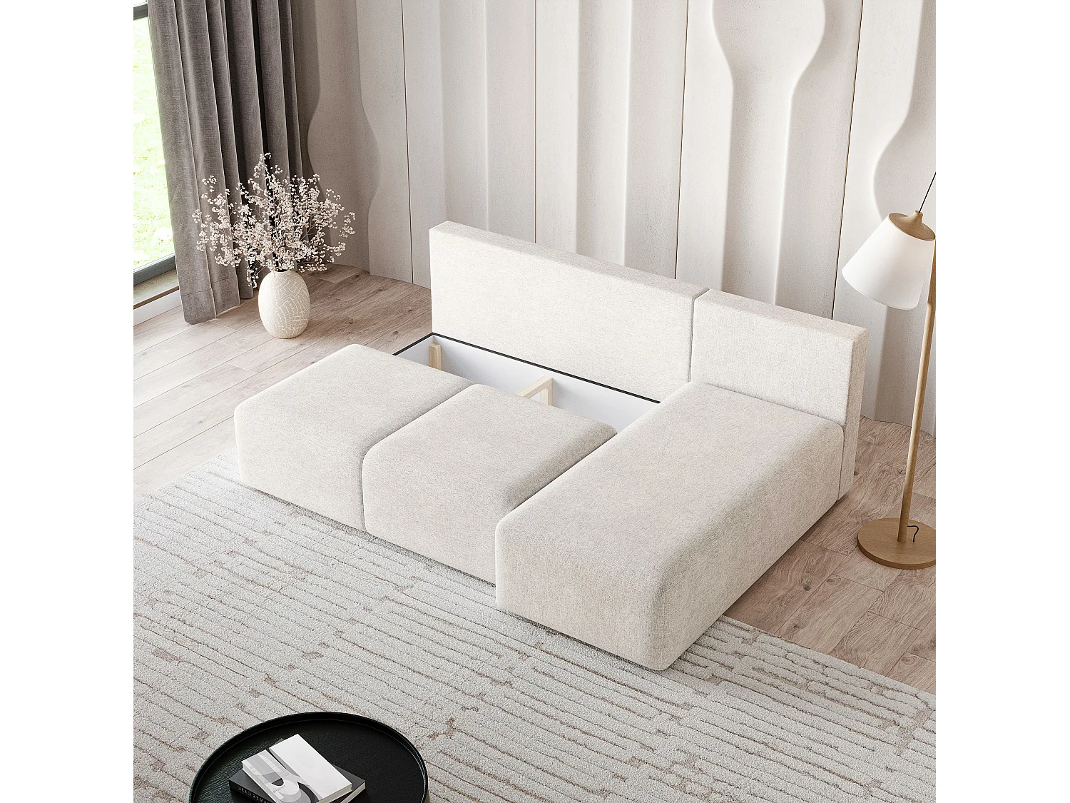 Canapé d'angle TRAMA en velours avec fonction couchage Crème