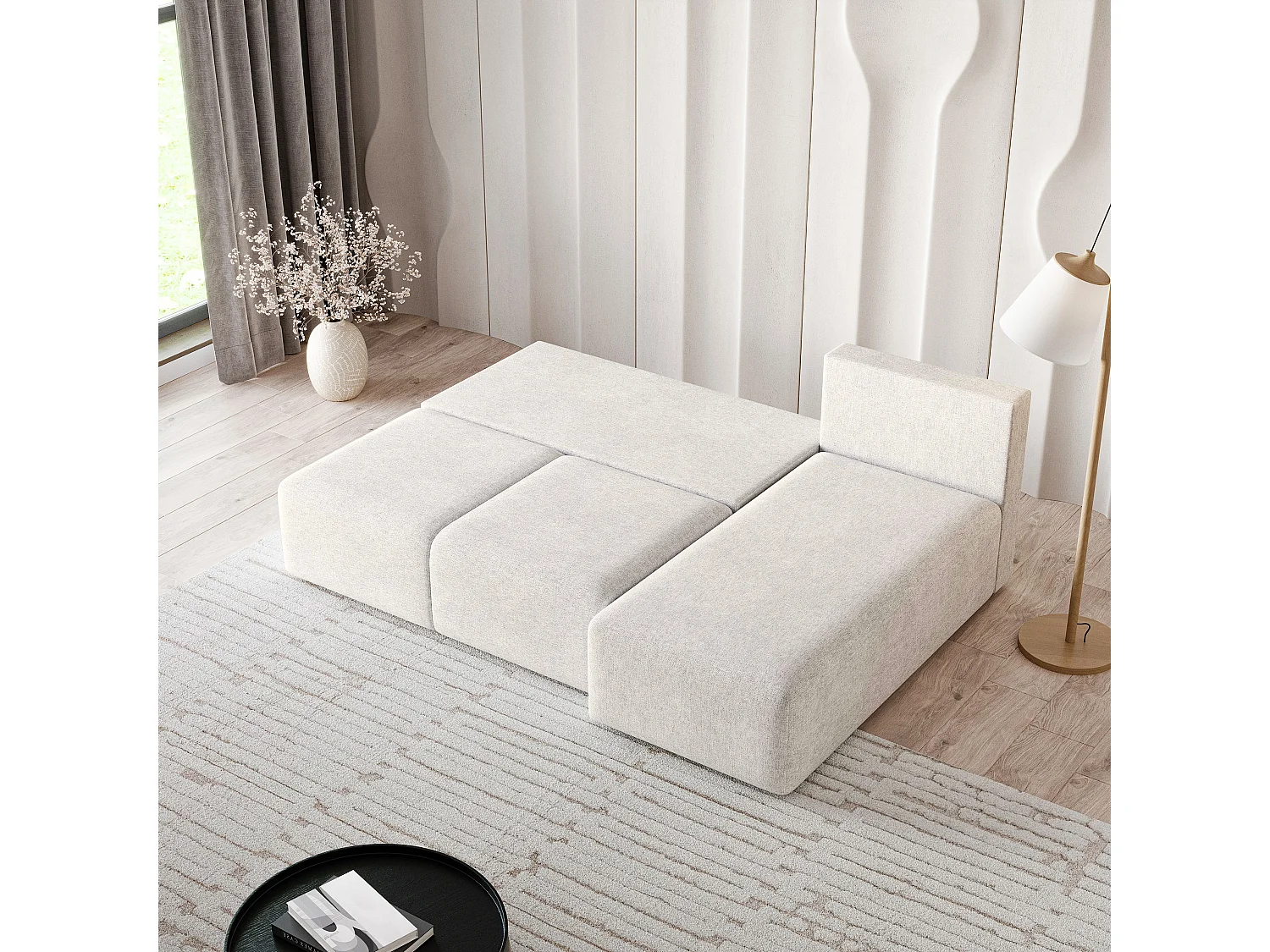 Canapé d'angle TRAMA en velours avec fonction couchage Crème