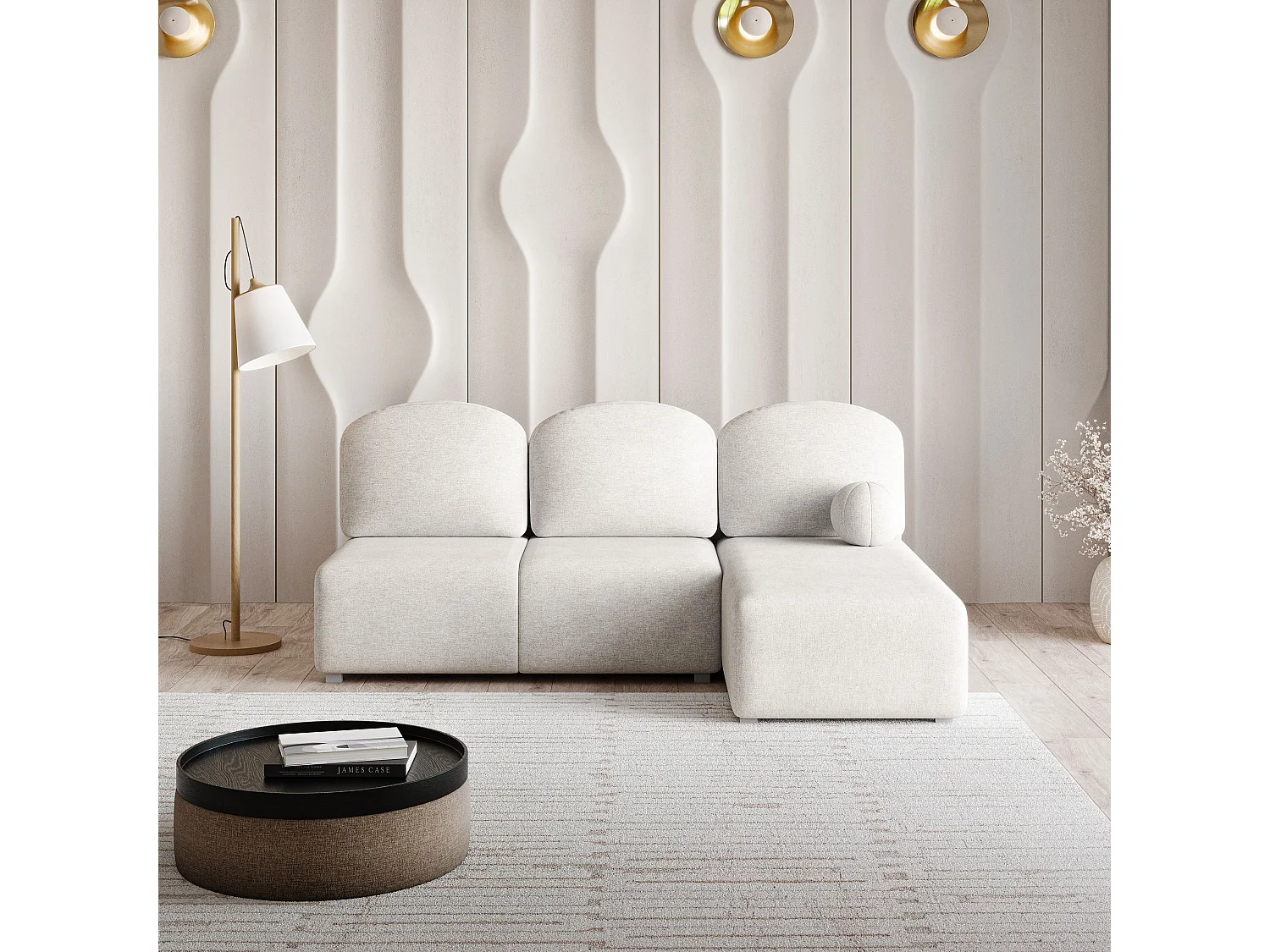 Canapé d'angle TRAMA en velours avec fonction couchage Crème