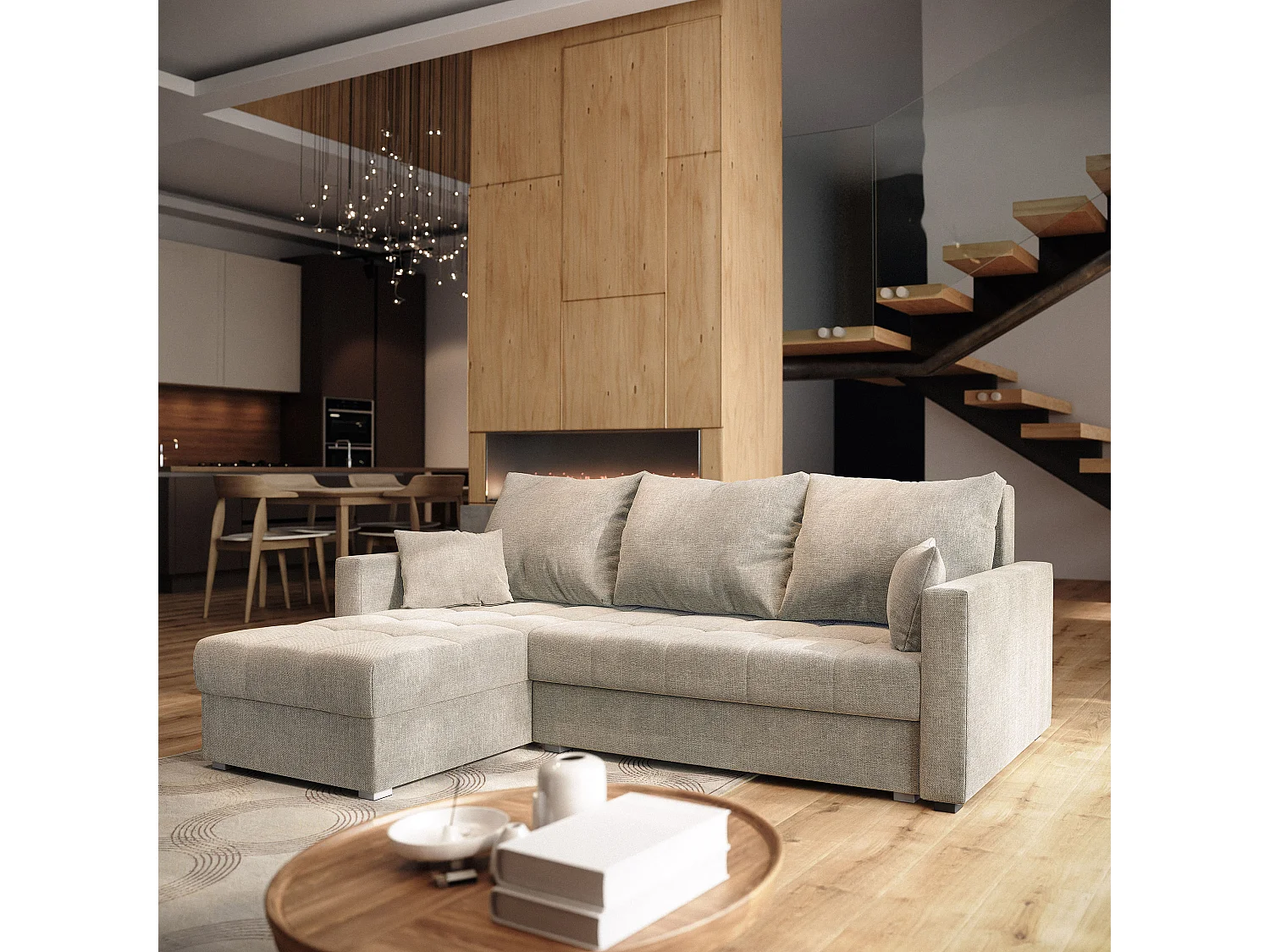 Hoekbank NIDA van fluweel met slaapfunctie Beige