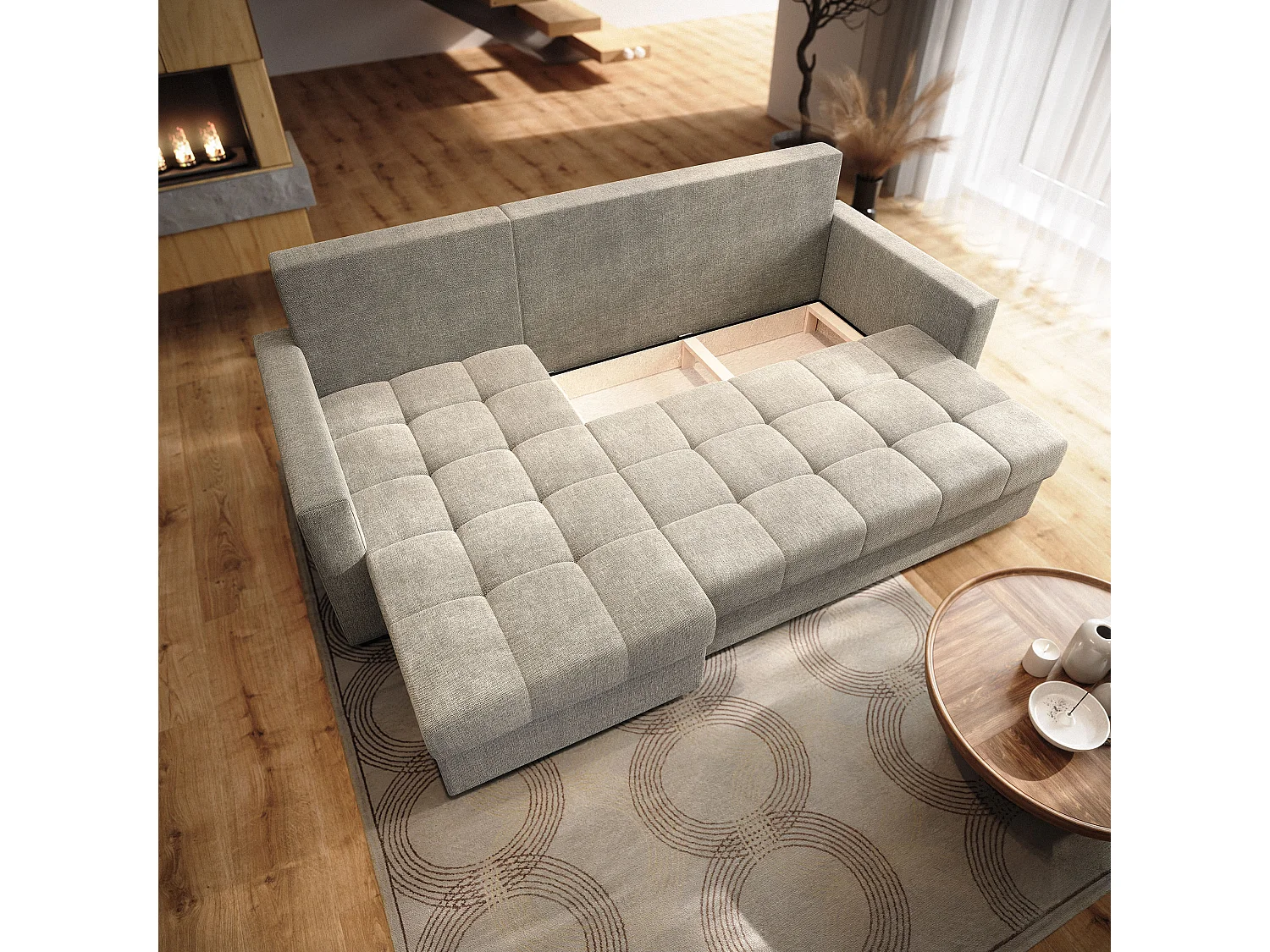 Hoekbank NIDA van fluweel met slaapfunctie Beige