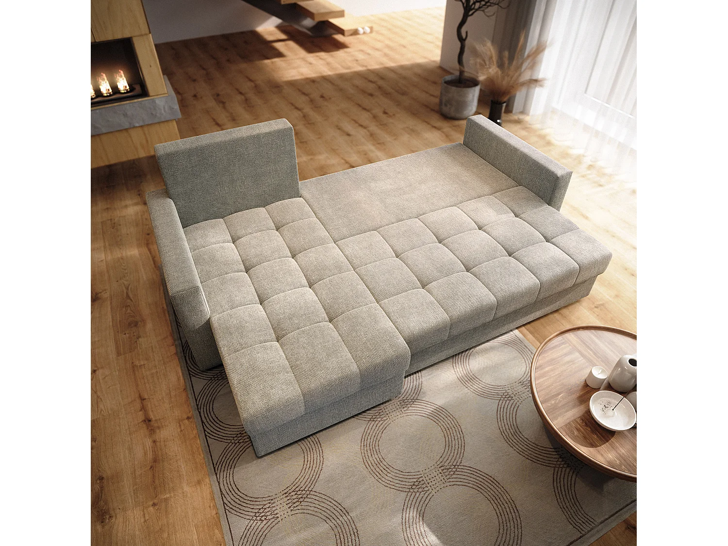 Hoekbank NIDA van fluweel met slaapfunctie Beige
