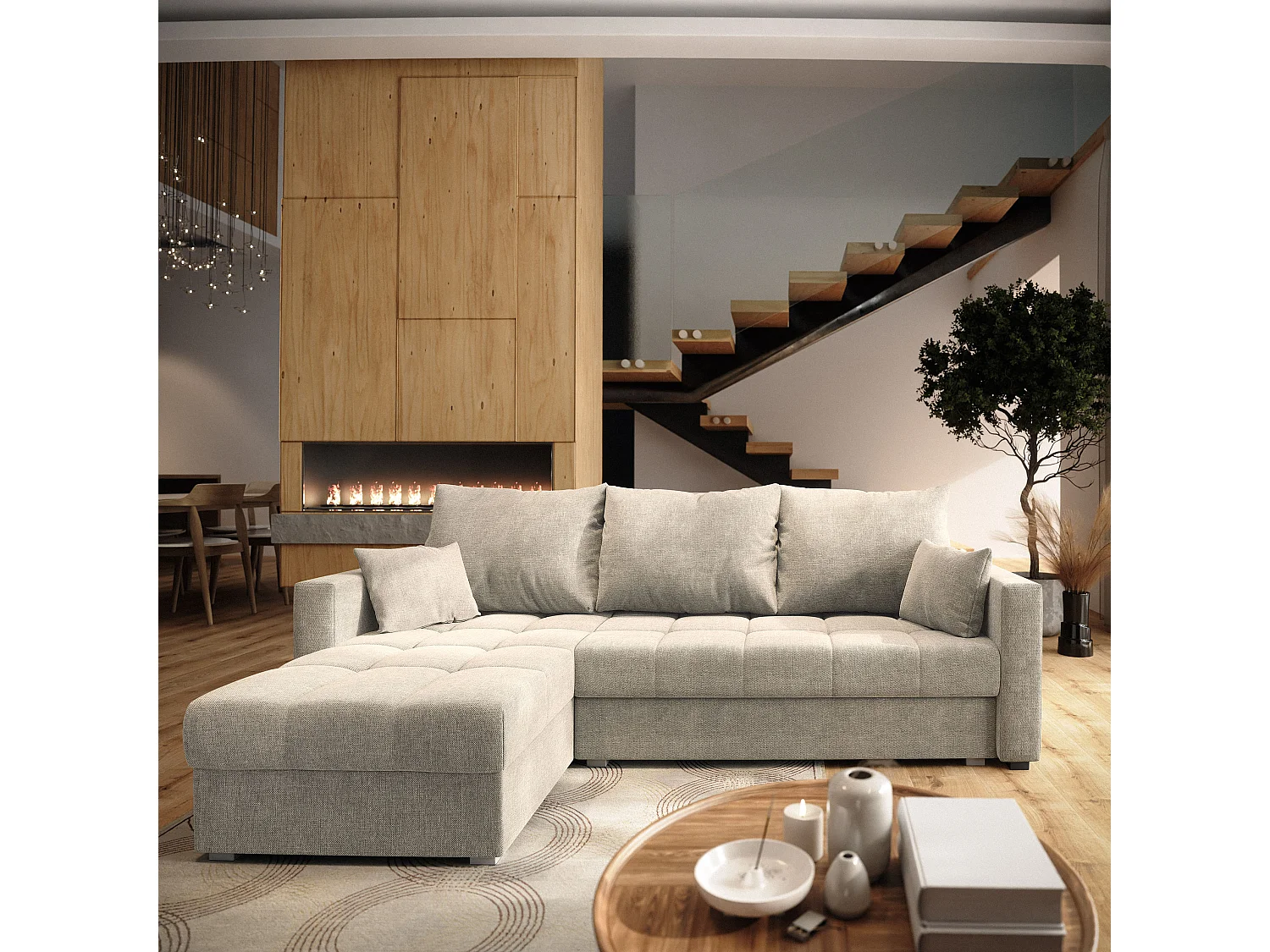 Hoekbank NIDA van fluweel met slaapfunctie Beige