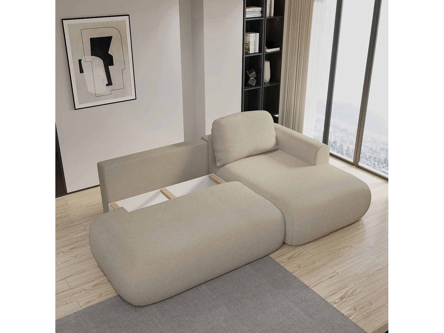 Hoekbank NUVIRA van fluweel met slaapfunctie Beige