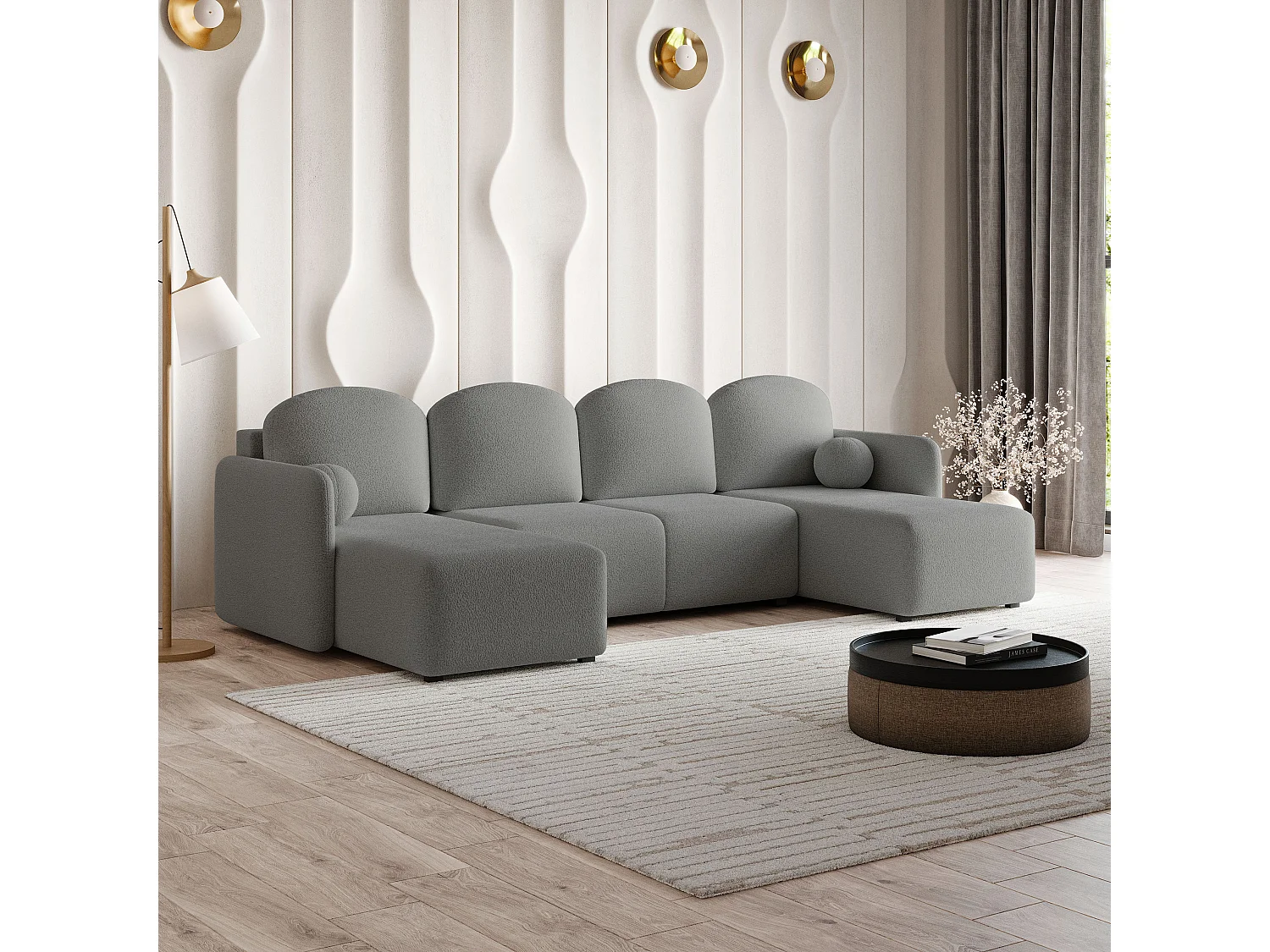 Canapé d'angle NUBERO en velours avec fonction couchage Gris