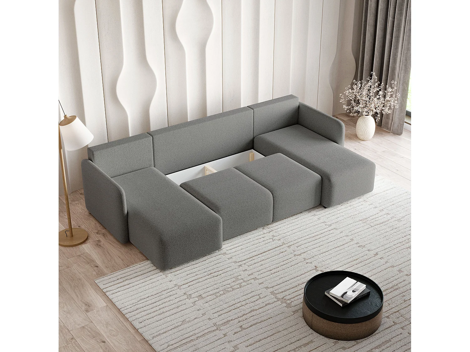 Canapé d'angle NUBERO en velours avec fonction couchage Gris