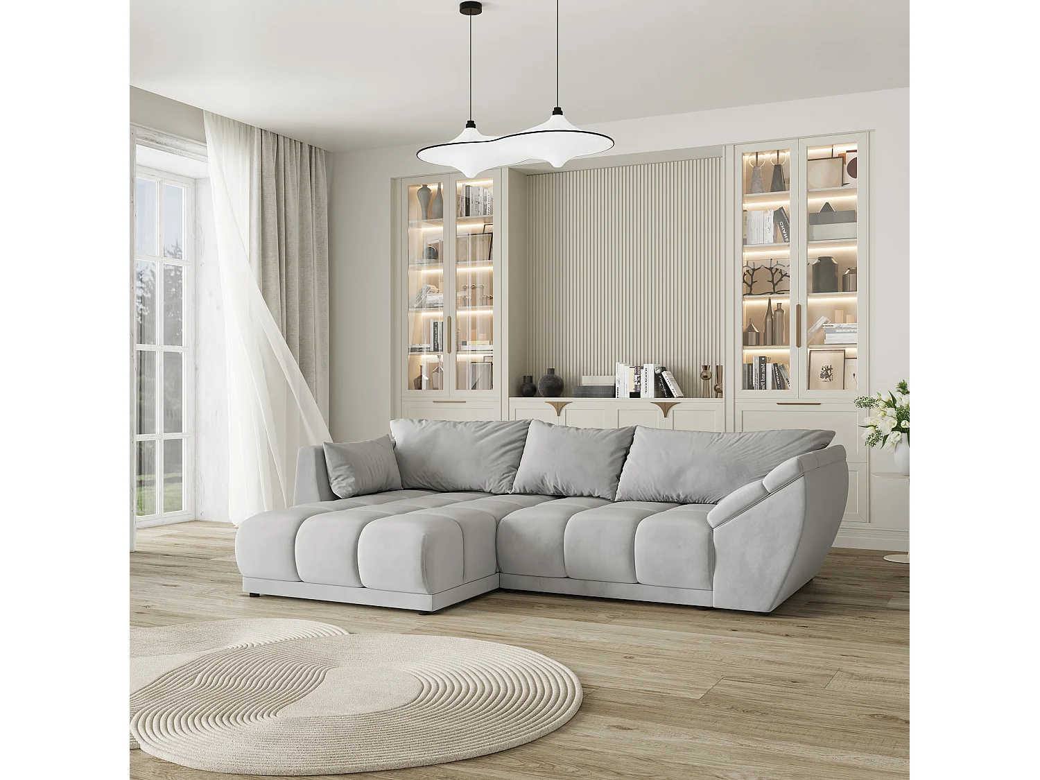 Canapé d'angle ORENTI en velours avec fonction couchage Gris clair