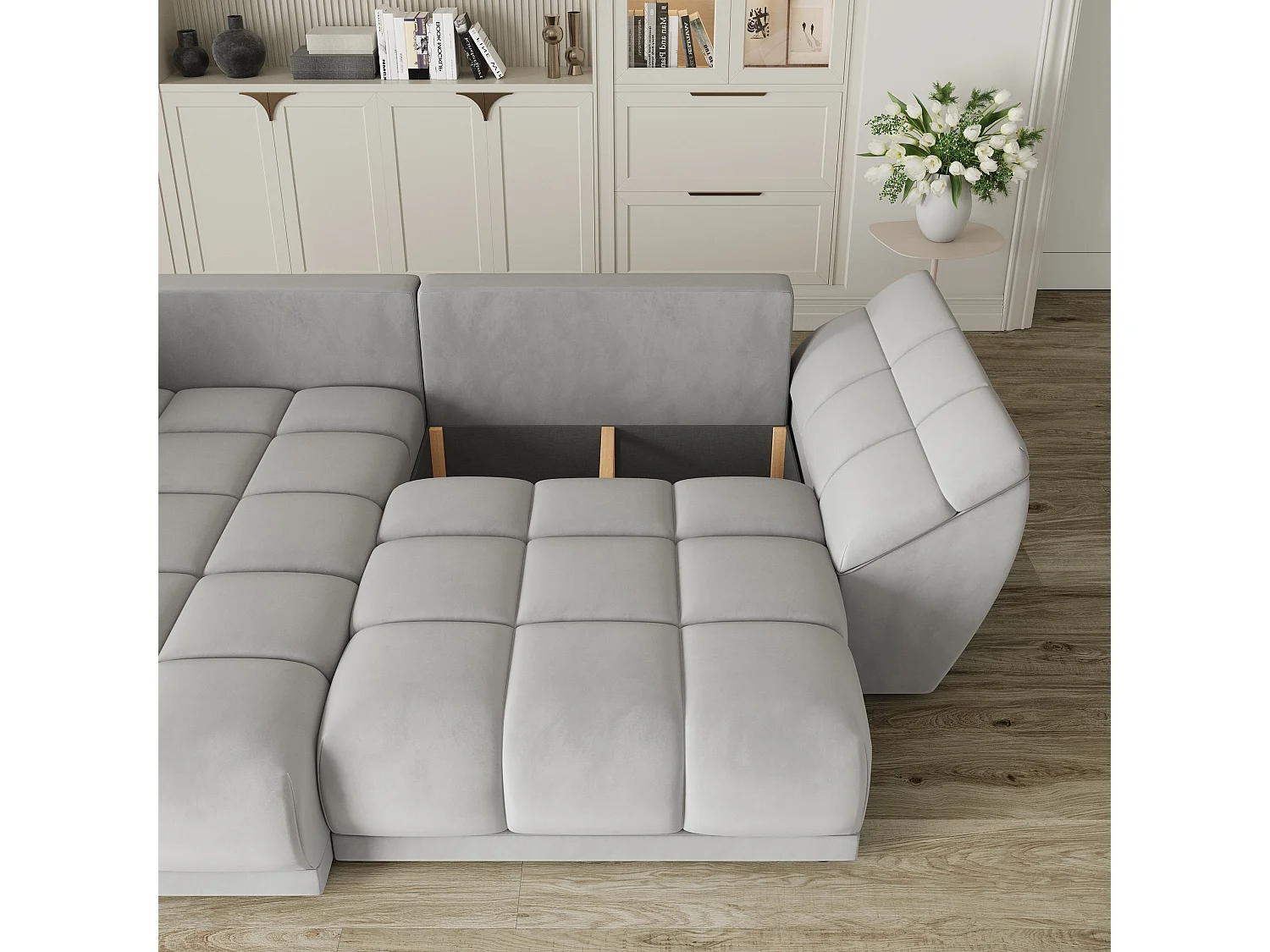 Canapé d'angle ORENTI en velours avec fonction couchage Gris clair