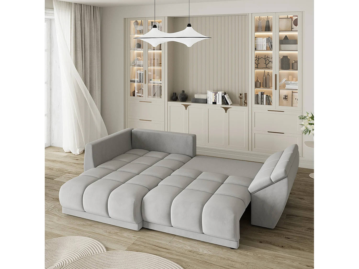 Canapé d'angle ORENTI en velours avec fonction couchage Gris clair