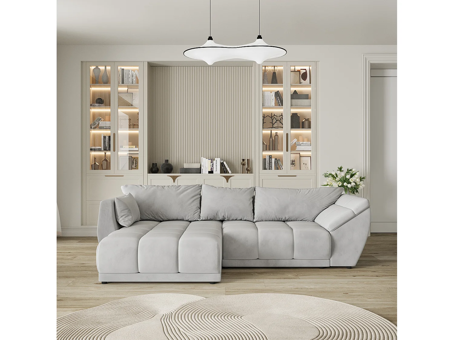 Canapé d'angle ORENTI en velours avec fonction couchage Gris clair