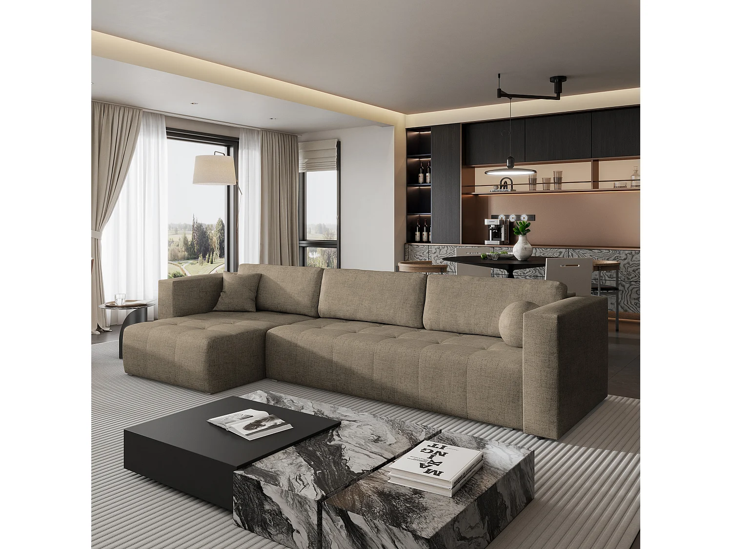 Canapé d'angle OLVERA en velours avec fonction couchage Marron