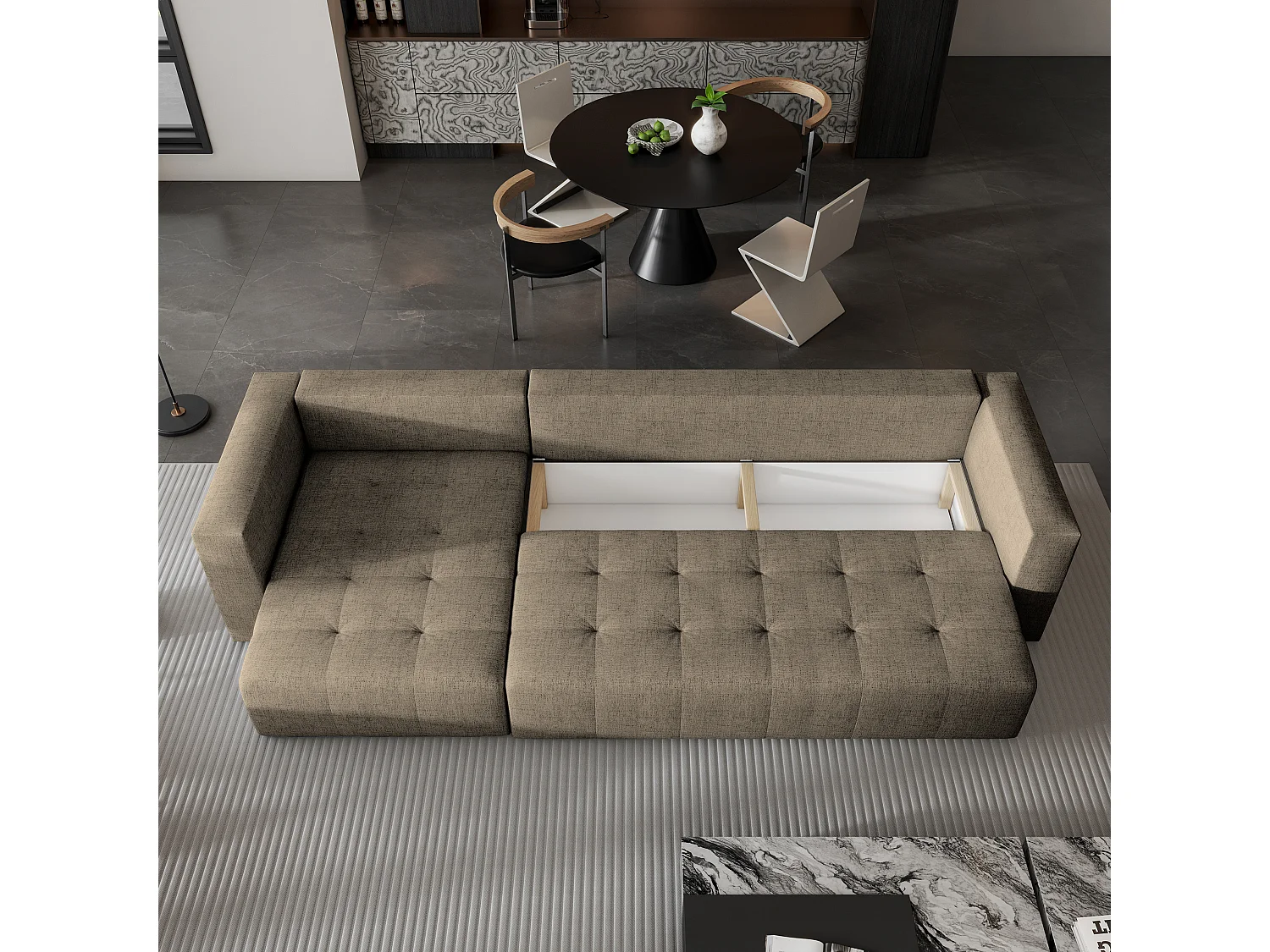 Canapé d'angle OLVERA en velours avec fonction couchage Marron