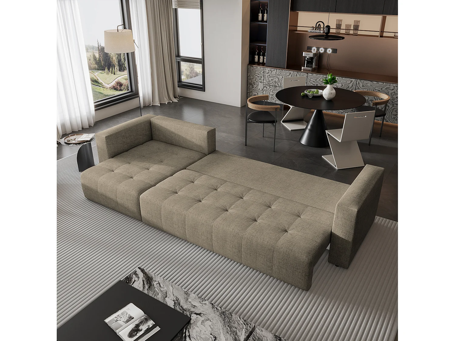 Canapé d'angle OLVERA en velours avec fonction couchage Marron