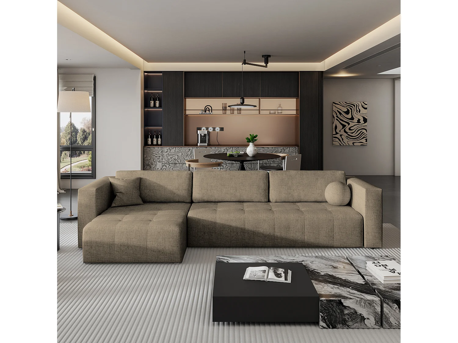 Canapé d'angle OLVERA en velours avec fonction couchage Marron