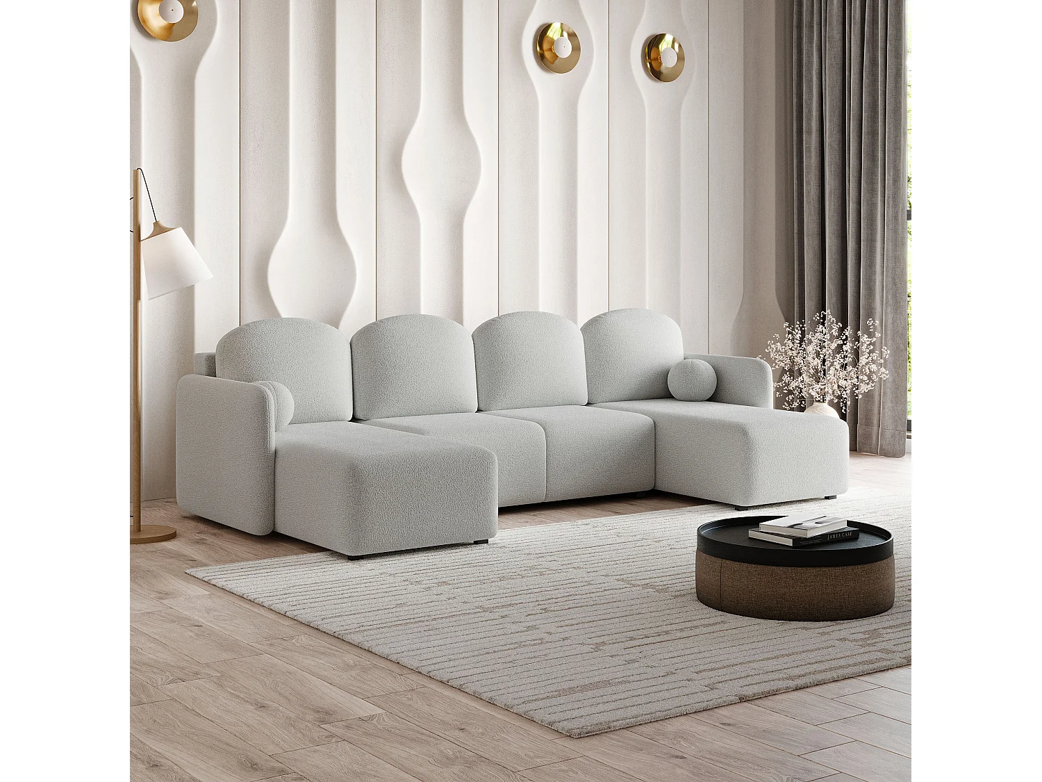 Canapé d'angle NUBERO en velours avec fonction couchage Gris clair