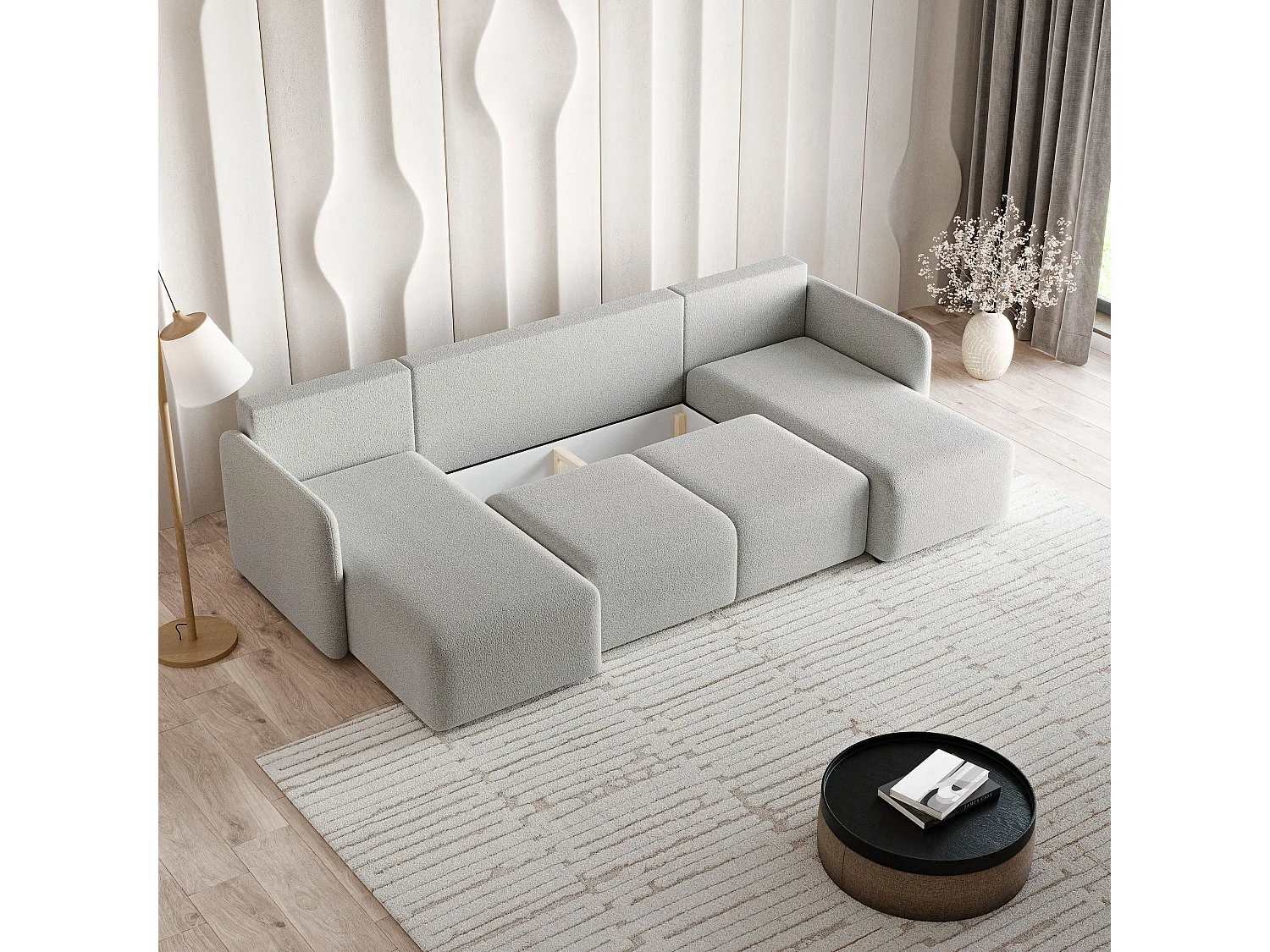 Canapé d'angle NUBERO en velours avec fonction couchage Gris clair
