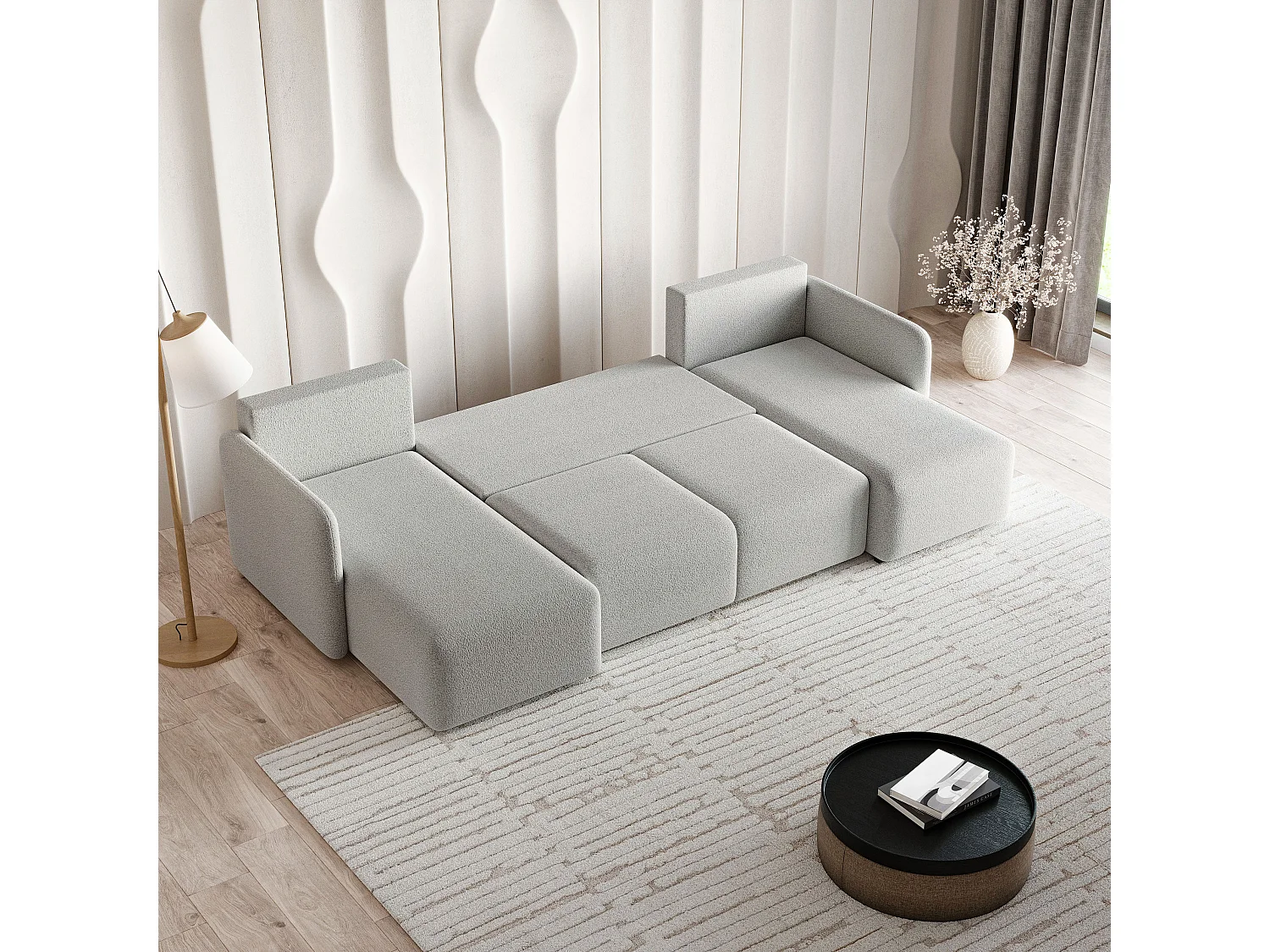 Canapé d'angle NUBERO en velours avec fonction couchage Gris clair