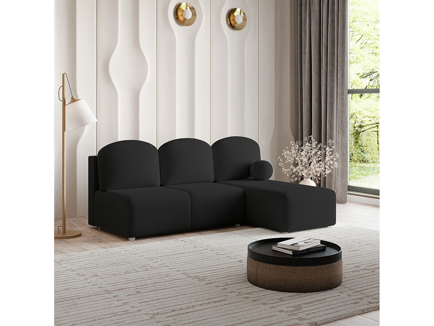 Canapé d'angle TRAMA en velours avec fonction couchage Noir