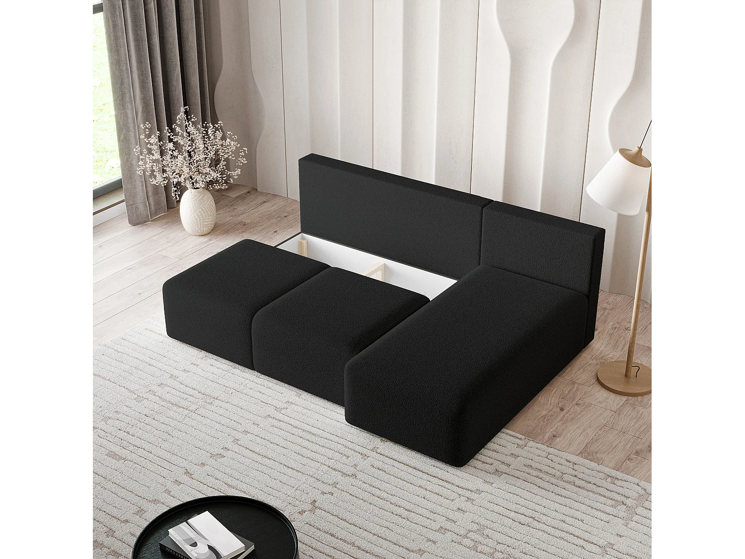 Canapé d'angle TRAMA en velours avec fonction couchage Noir