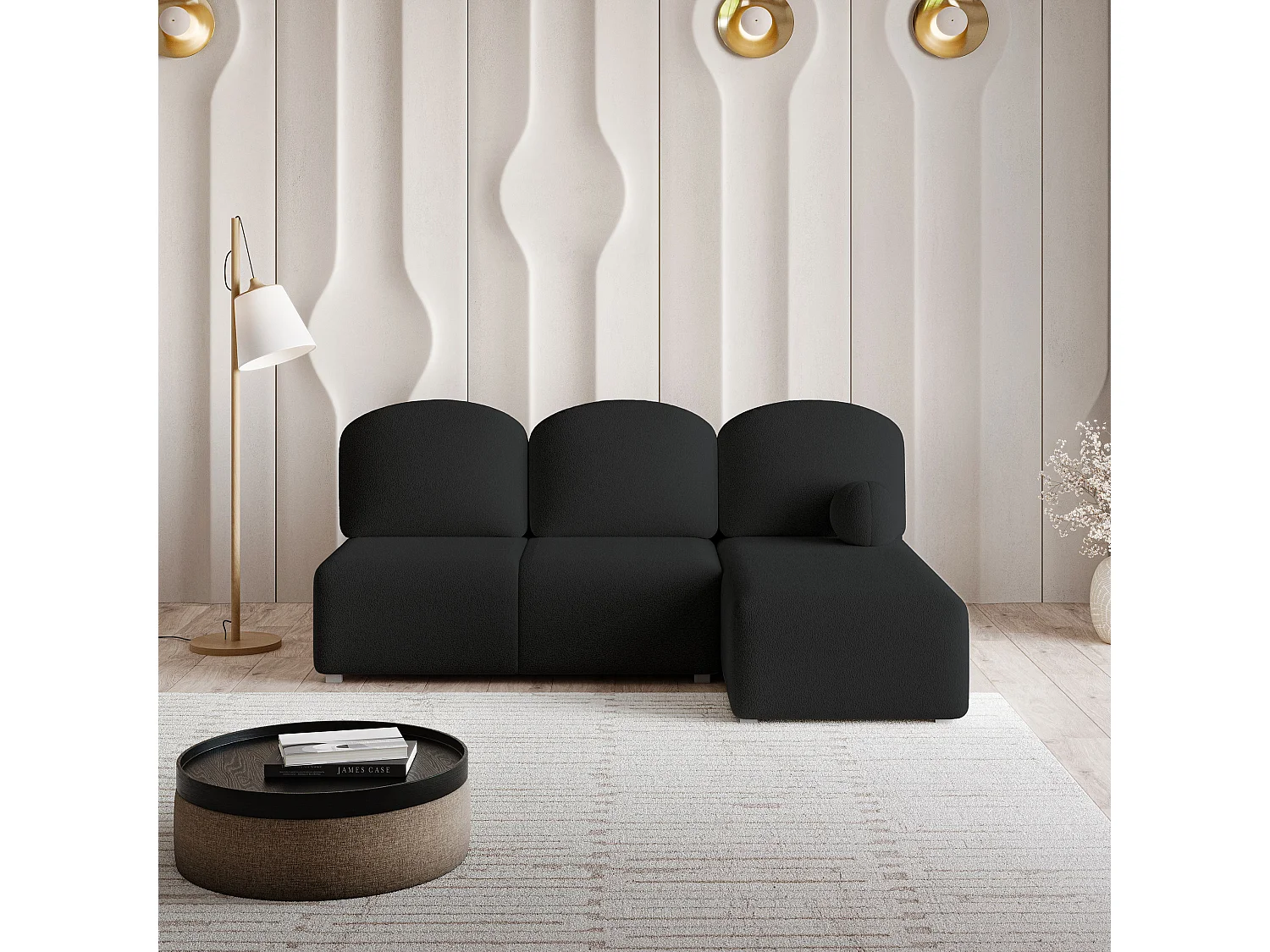 Canapé d'angle TRAMA en velours avec fonction couchage Noir