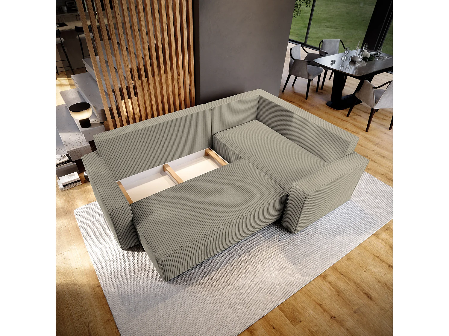 Hoekbank ESTANO van fluweel met slaapfunctie Beige
