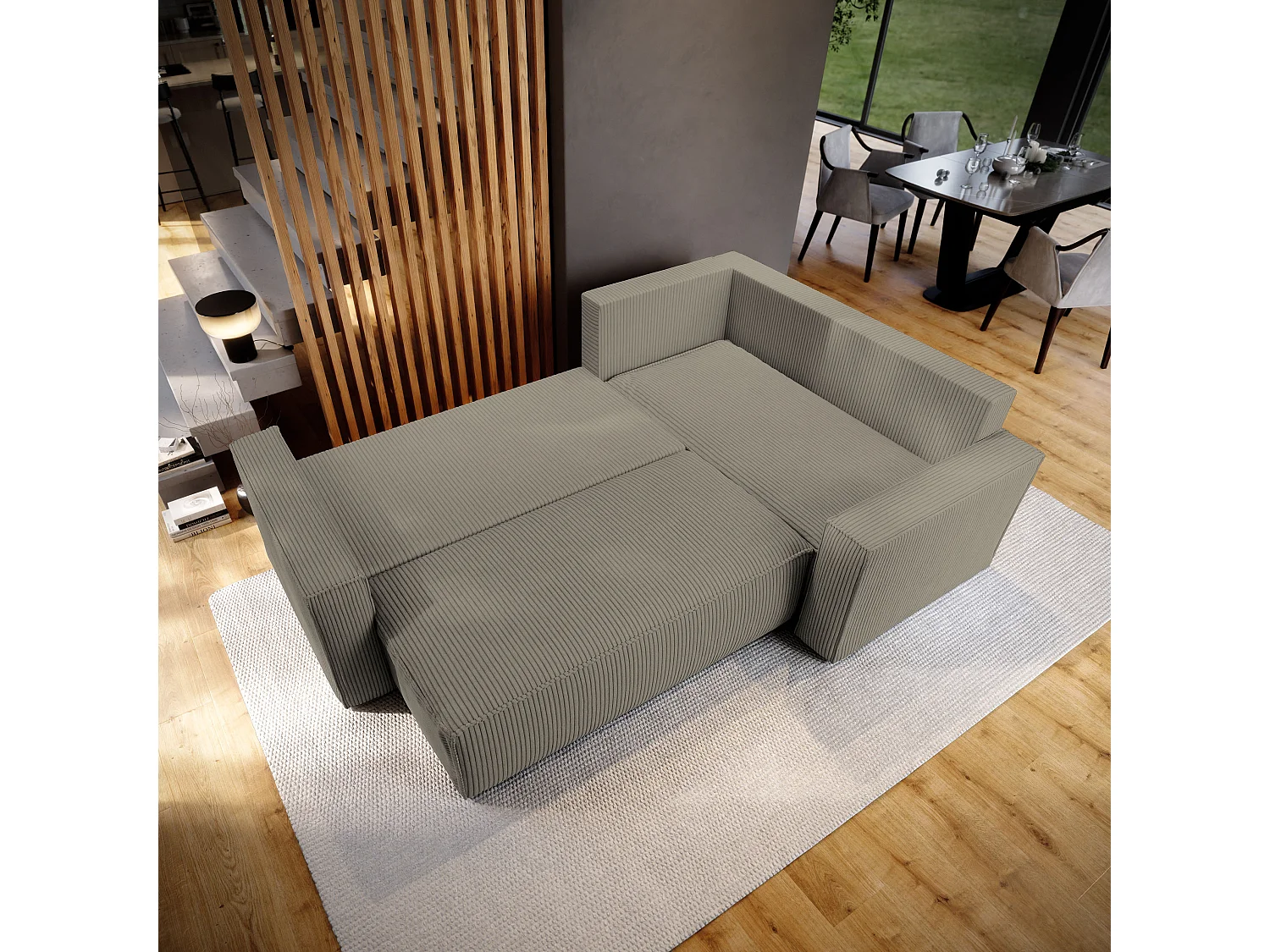 Hoekbank ESTANO van fluweel met slaapfunctie Beige