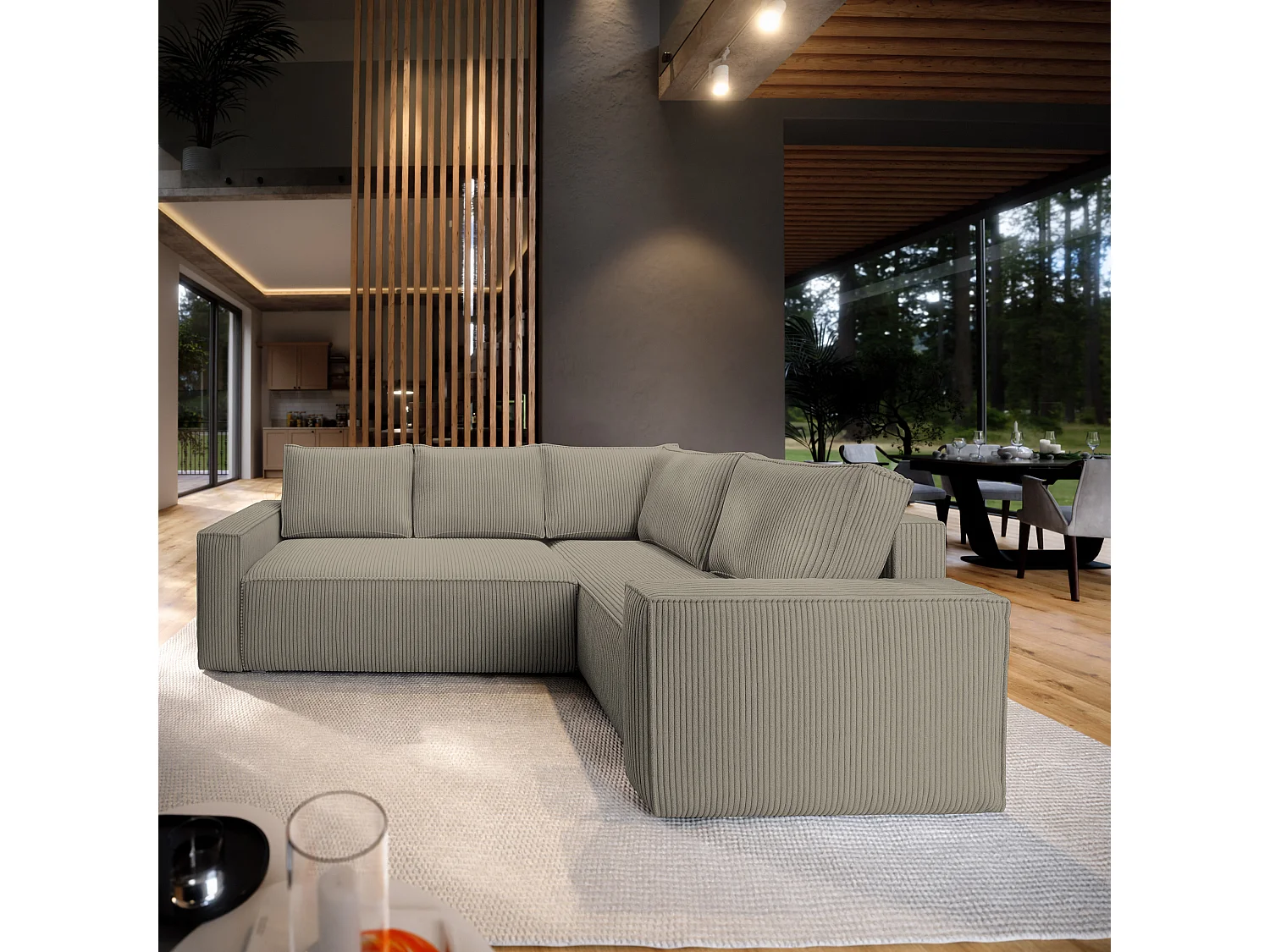 Hoekbank ESTANO van fluweel met slaapfunctie Beige