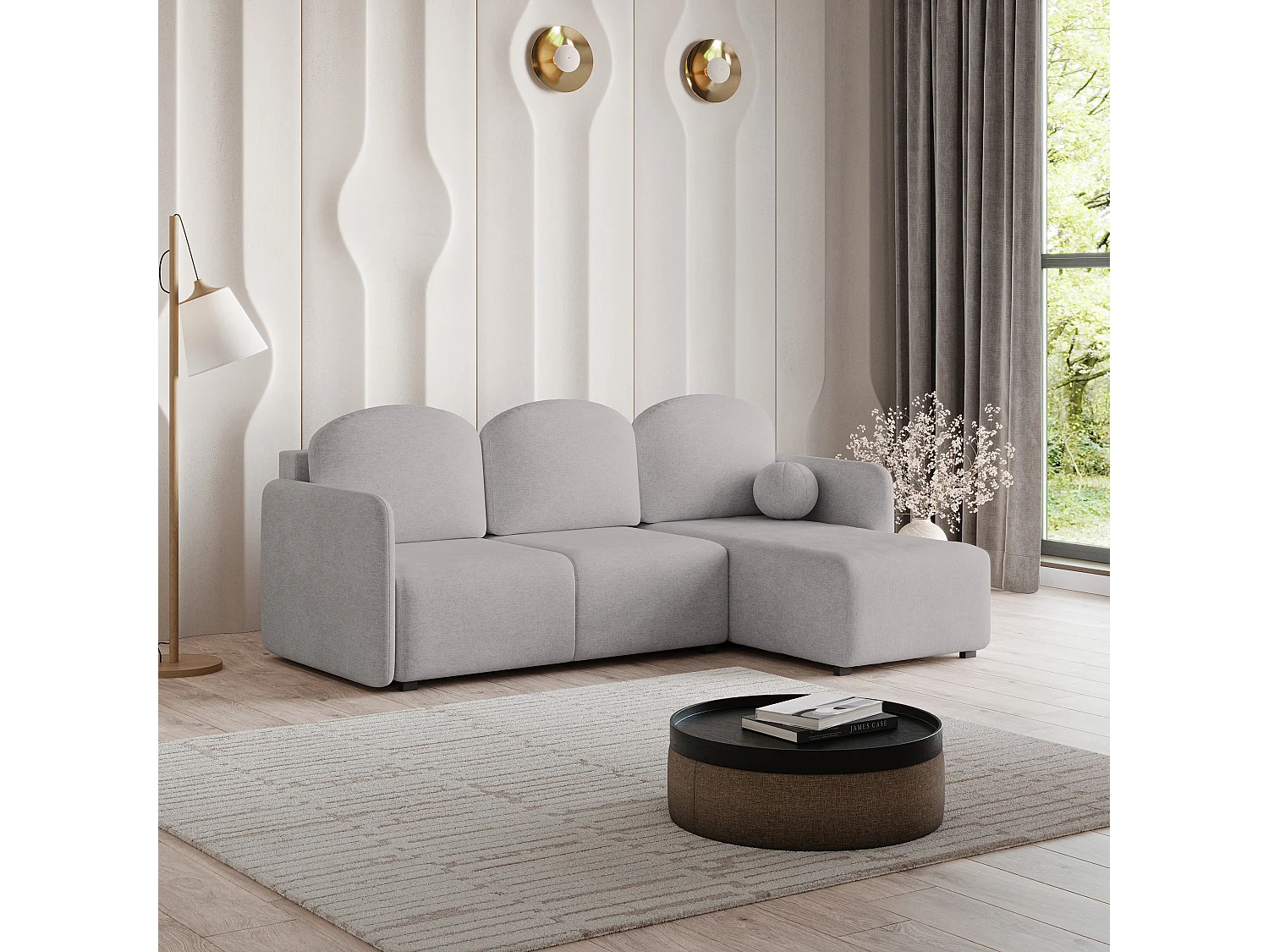 Canapé d'angle SUVINO en velours avec fonction couchage Gris clair