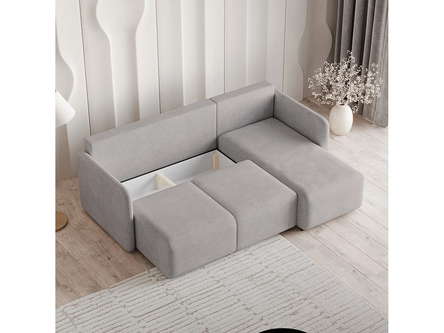 Canapé d'angle SUVINO en velours avec fonction couchage Gris clair
