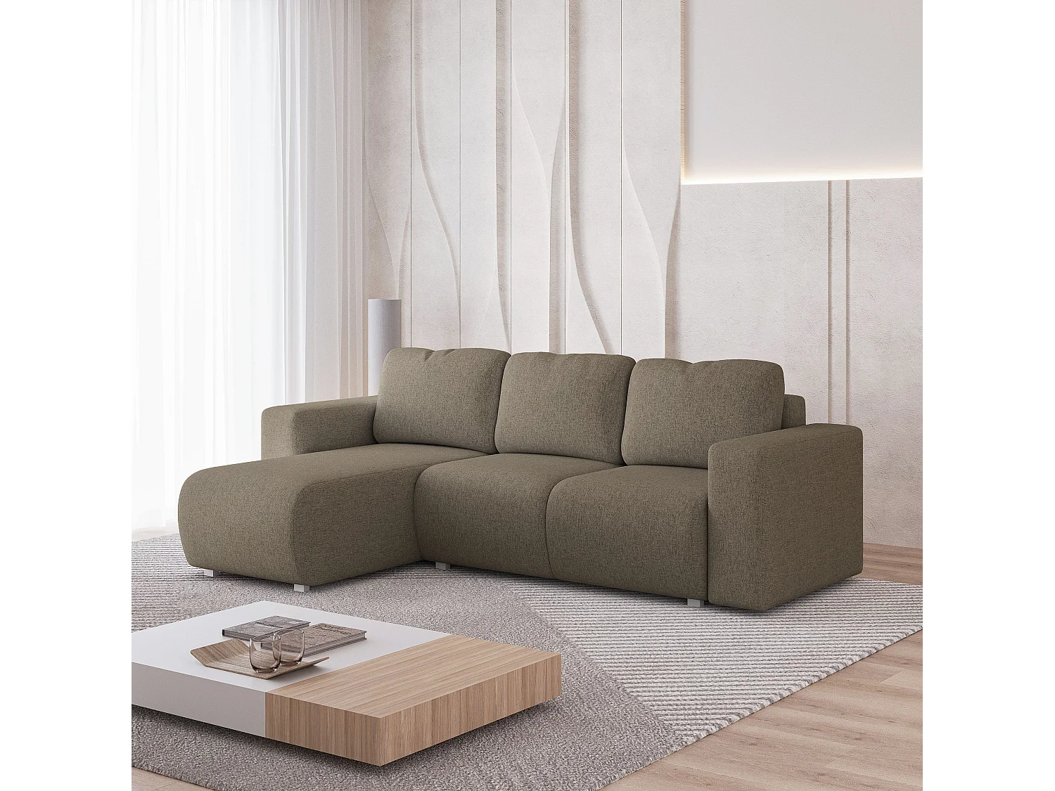 Canapé d'angle RINOVA en velours avec fonction couchage Marron