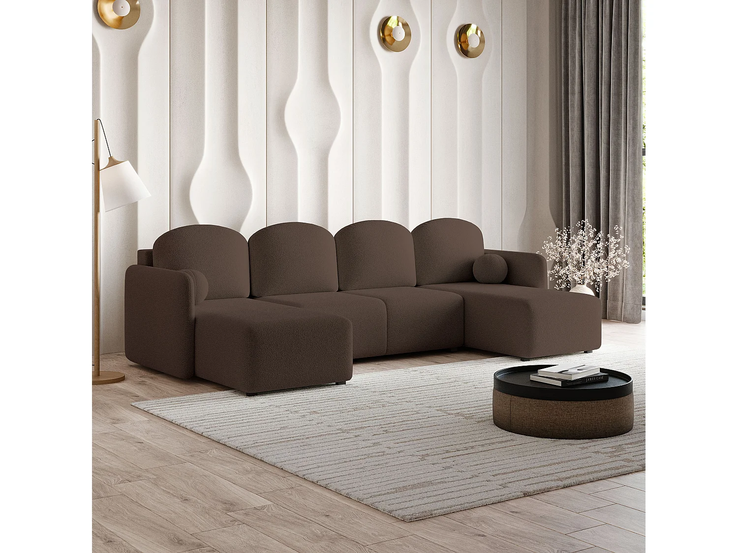 Canapé d'angle NUBERO en velours avec fonction couchage Marron