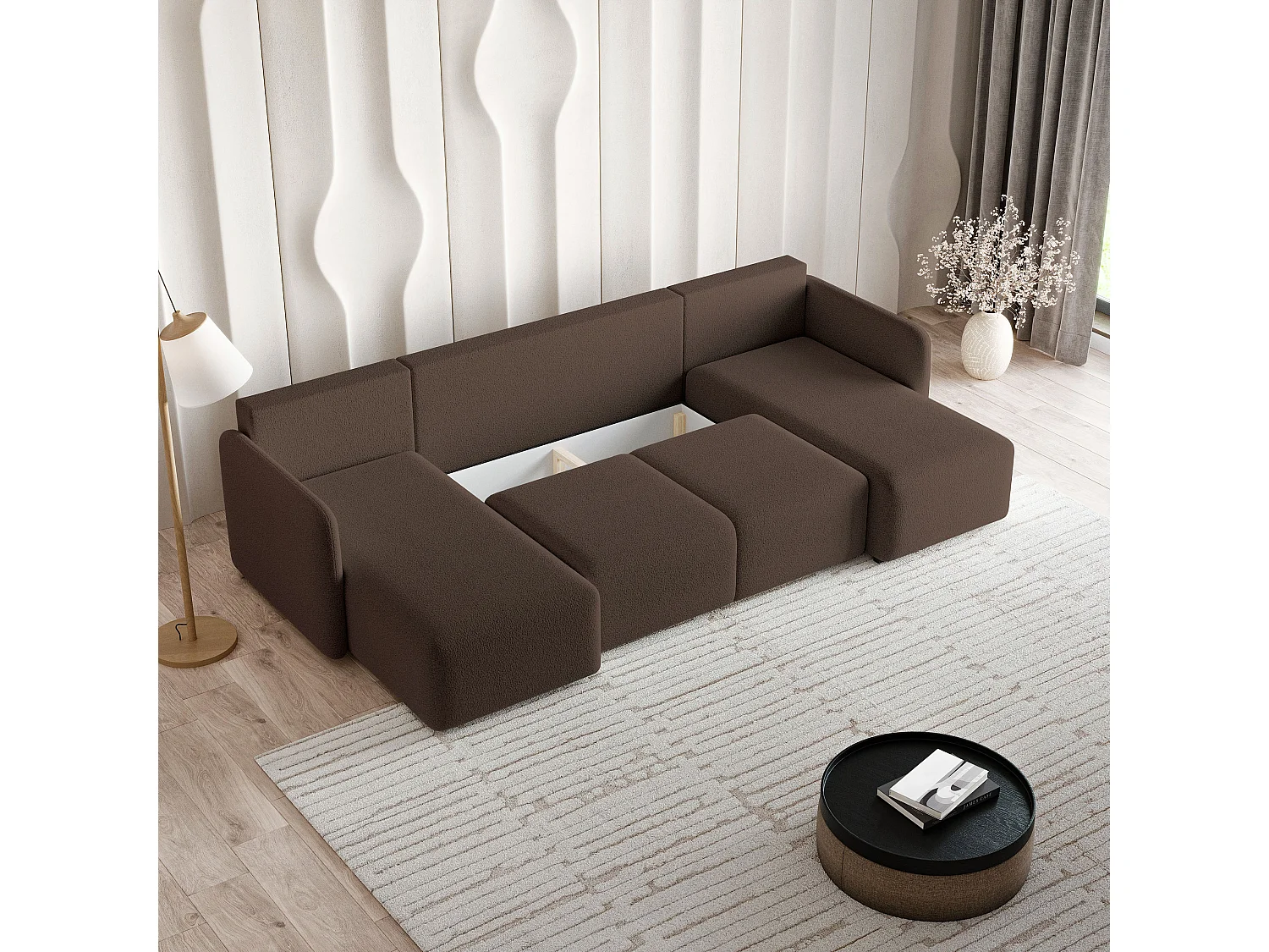 Canapé d'angle NUBERO en velours avec fonction couchage Marron