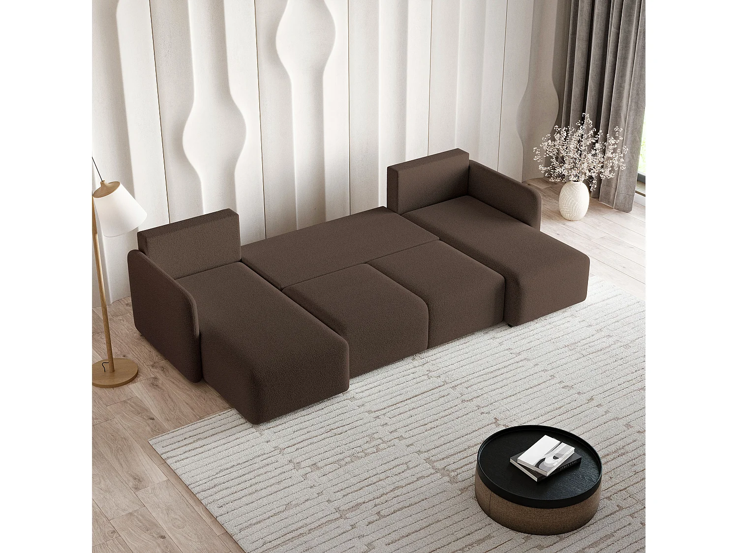Canapé d'angle NUBERO en velours avec fonction couchage Marron