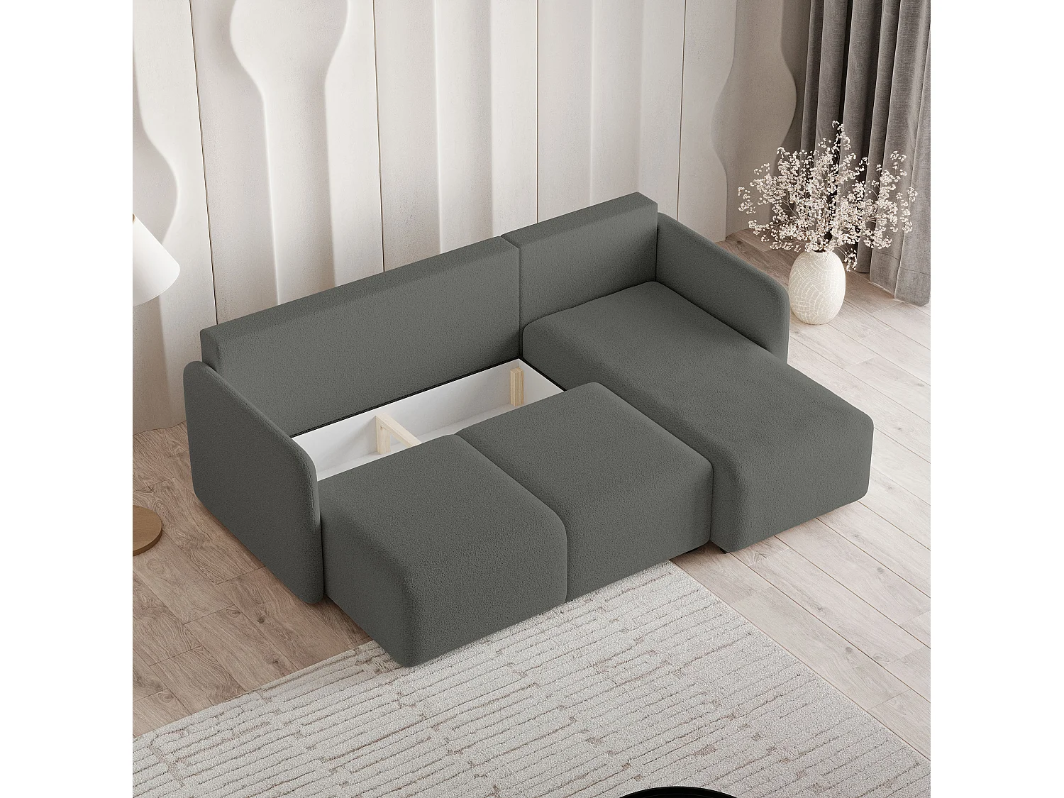 Canapé d'angle SUVINO en velours avec fonction couchage Gris