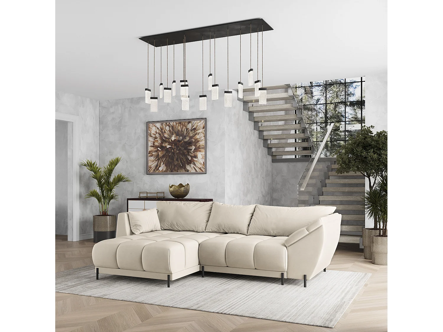 Canapé d'angle VESTANO en velours avec fonction couchage Crème