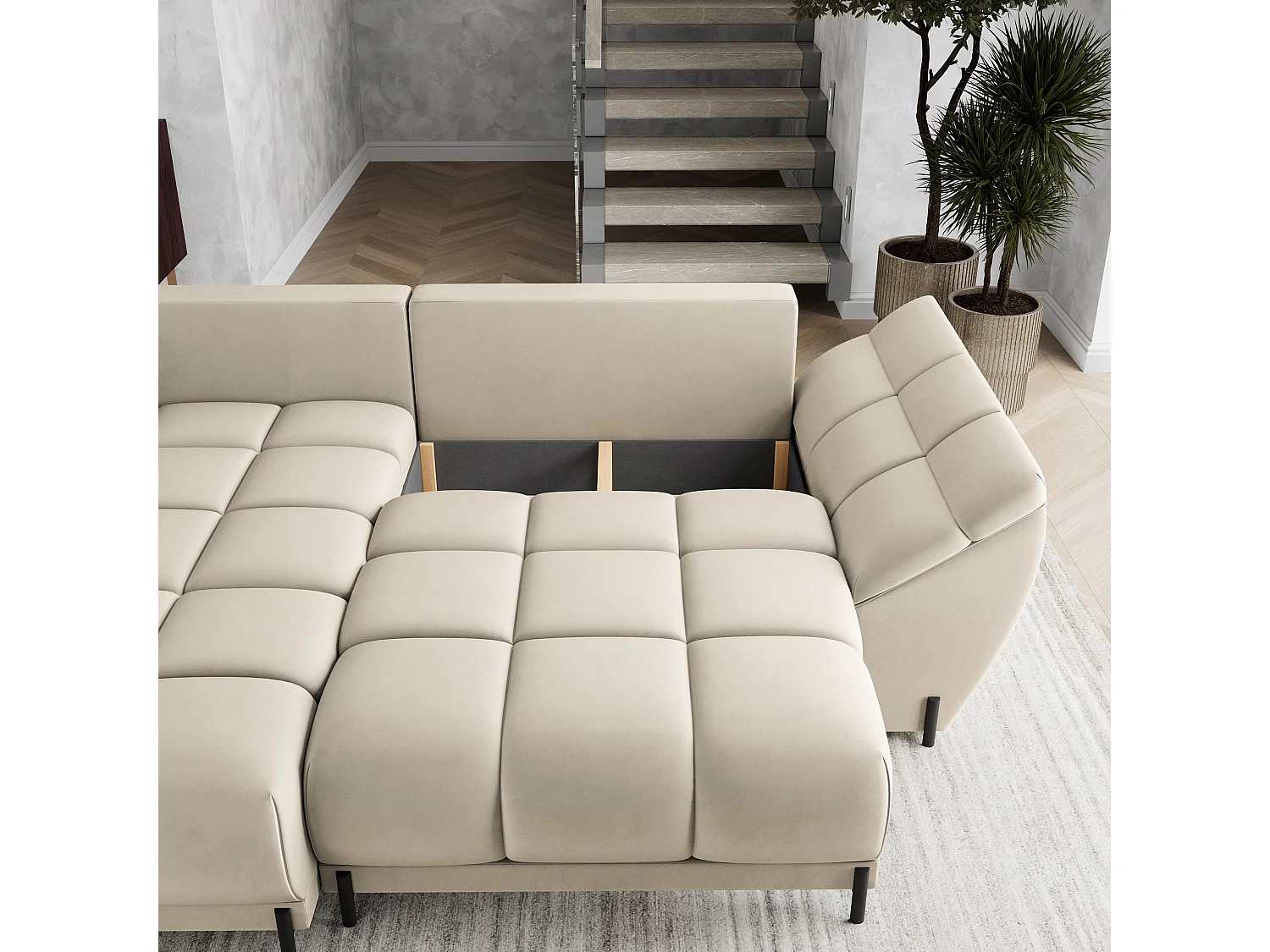 Canapé d'angle VESTANO en velours avec fonction couchage Crème