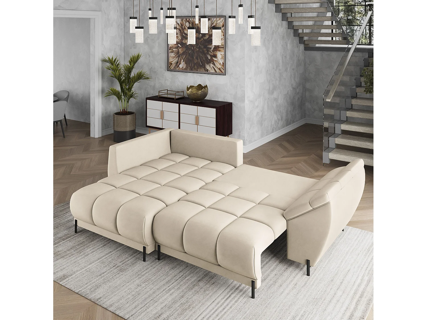 Canapé d'angle VESTANO en velours avec fonction couchage Crème