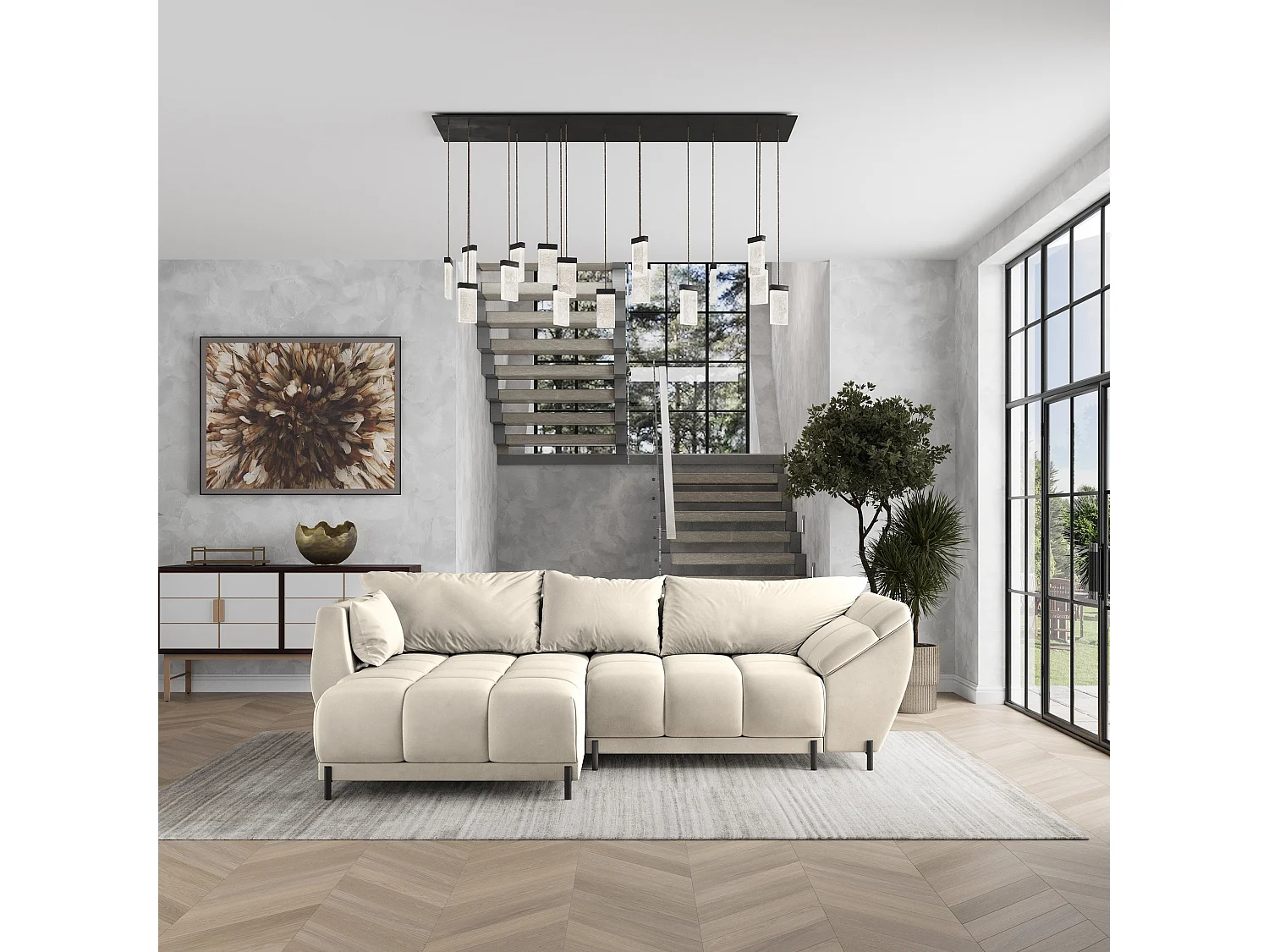 Canapé d'angle VESTANO en velours avec fonction couchage Crème