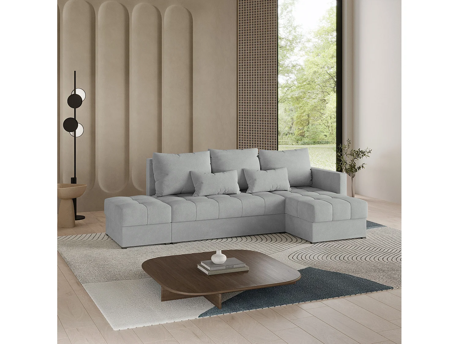 Canapé d'angle LUMARI en velours avec fonction couchage Gris clair