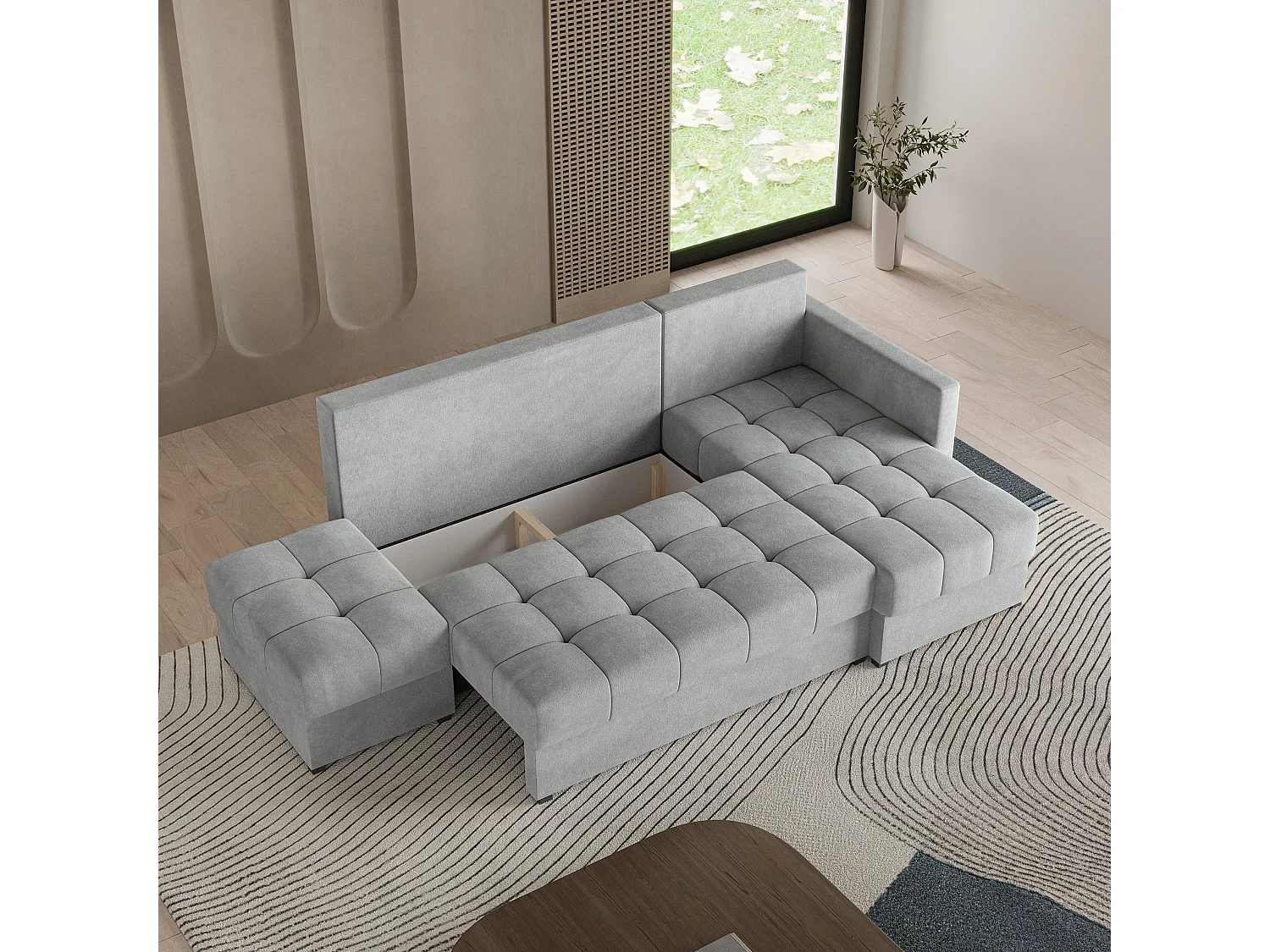 Canapé d'angle LUMARI en velours avec fonction couchage Gris clair