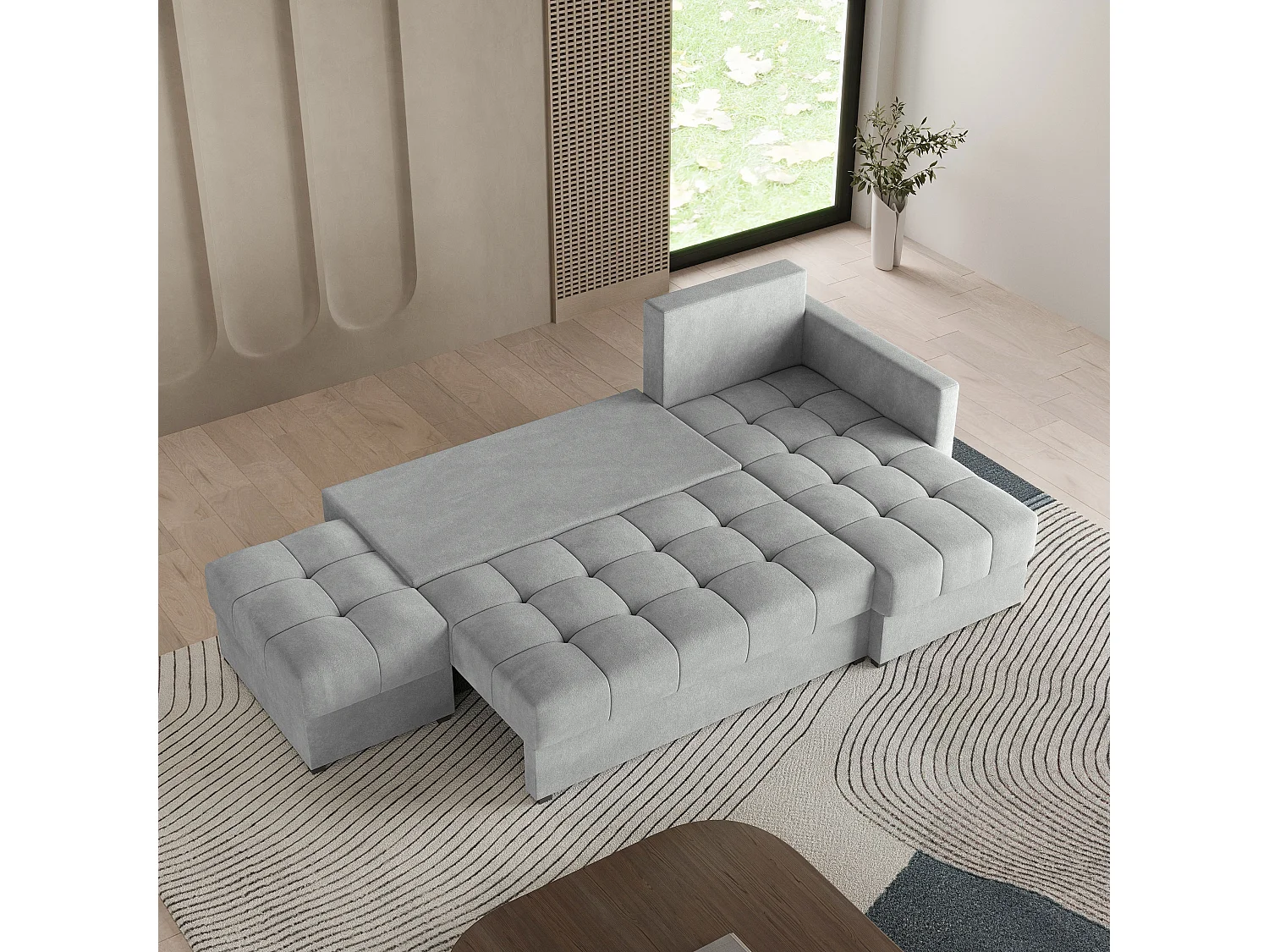 Canapé d'angle LUMARI en velours avec fonction couchage Gris clair