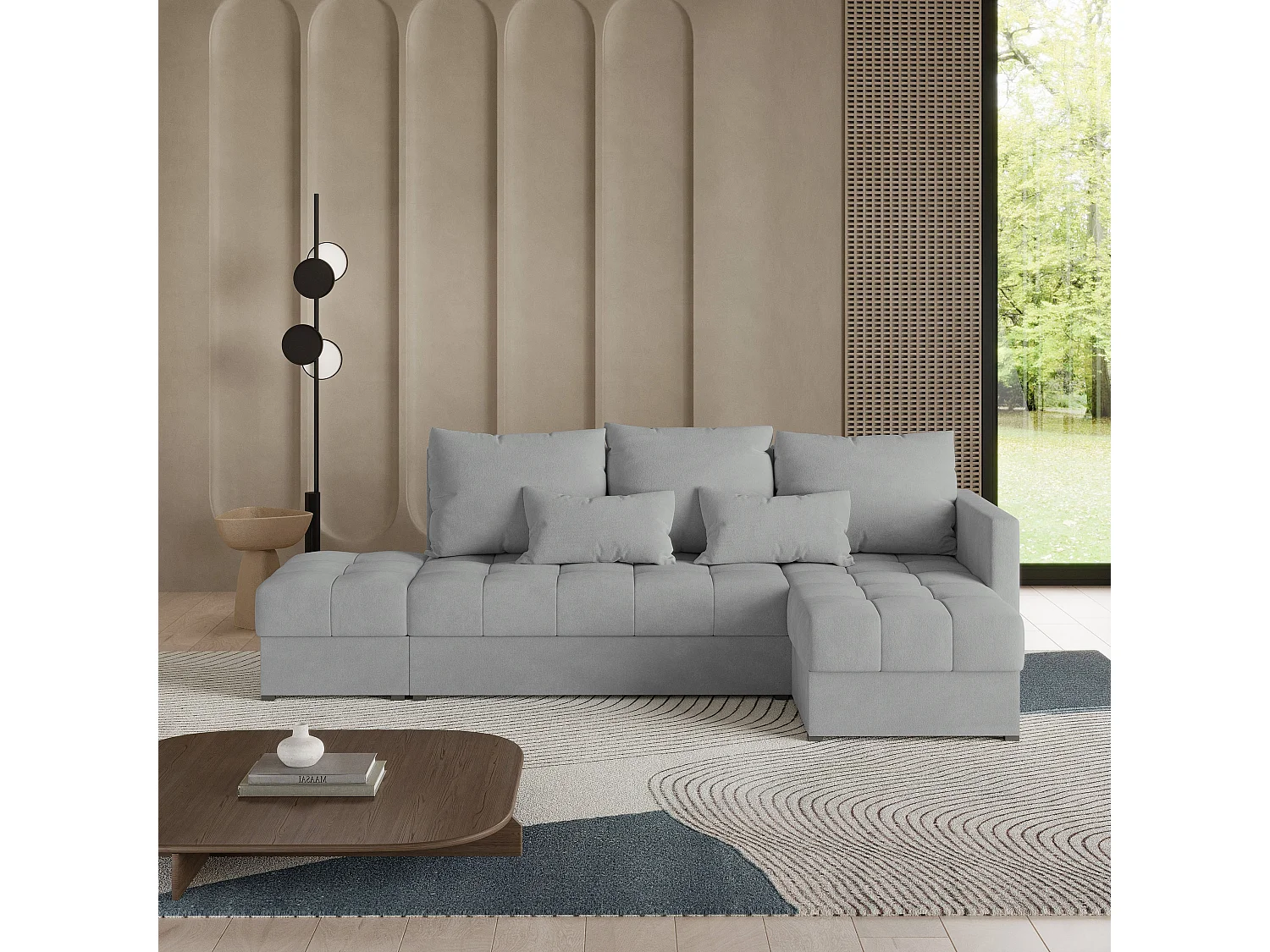 Canapé d'angle LUMARI en velours avec fonction couchage Gris clair