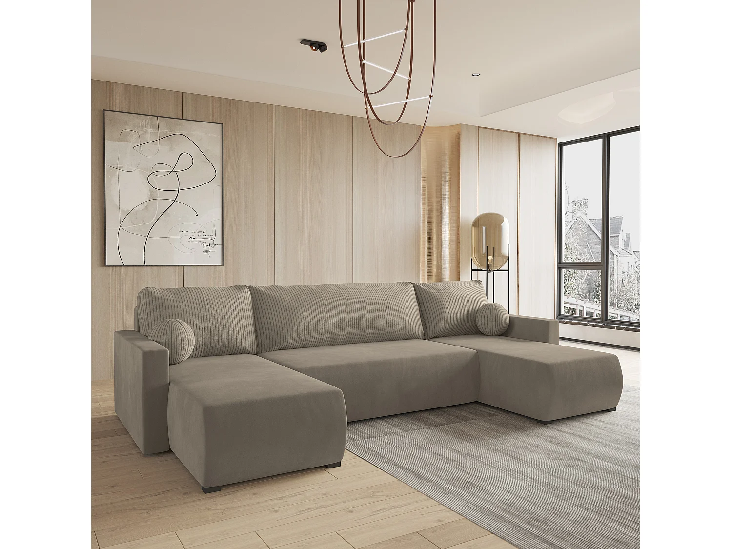 Hoekbank TESSUN van fluweel met slaapfunctie Beige